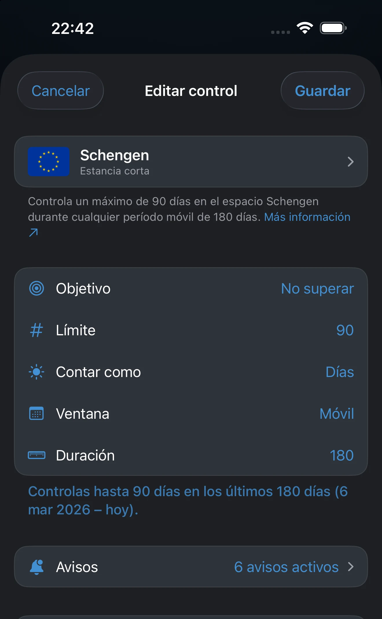 Editor de un control ya configurado con los lugares, la ventana y el límite