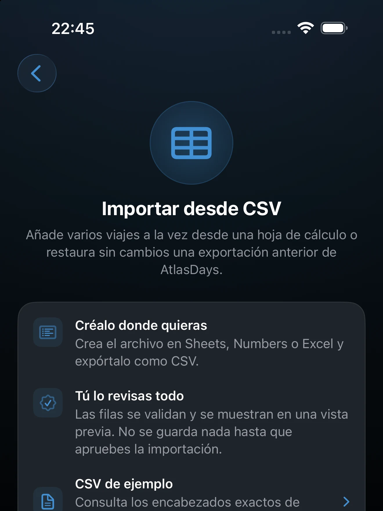 Ejemplo de Importar CSV y controles de la plantilla