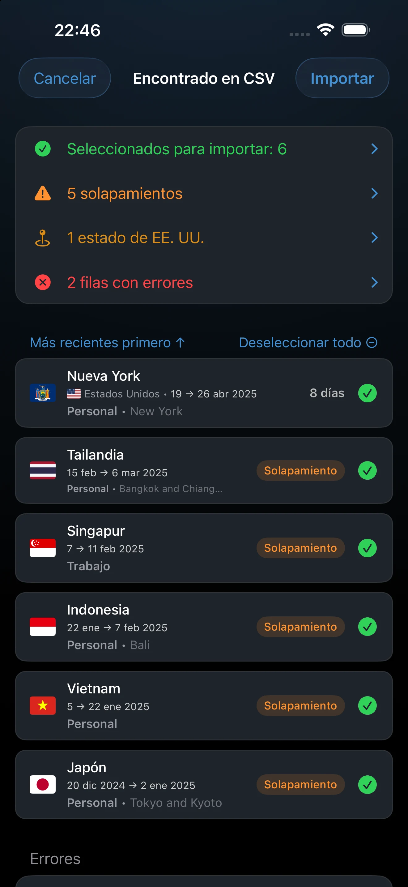 Vista previa de Importar CSV con filas válidas, no válidas, duplicadas y solapadas