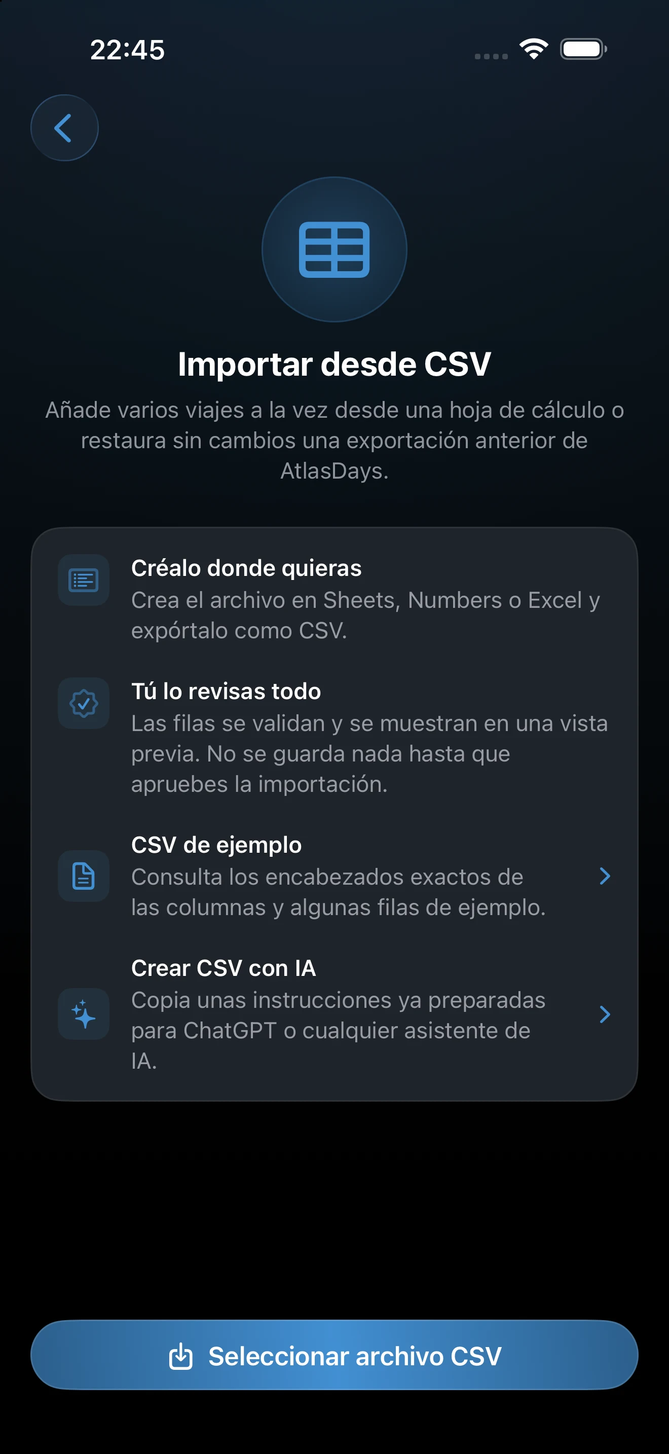 Configuración de Importar CSV y controles del archivo de ejemplo