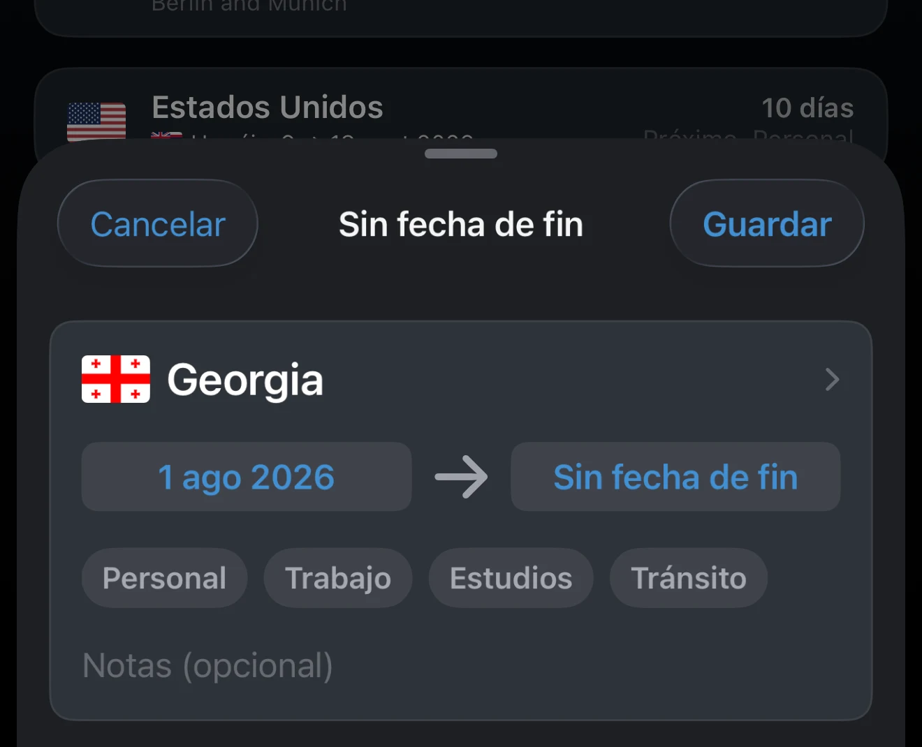 Viaje en curso sin fecha de fin