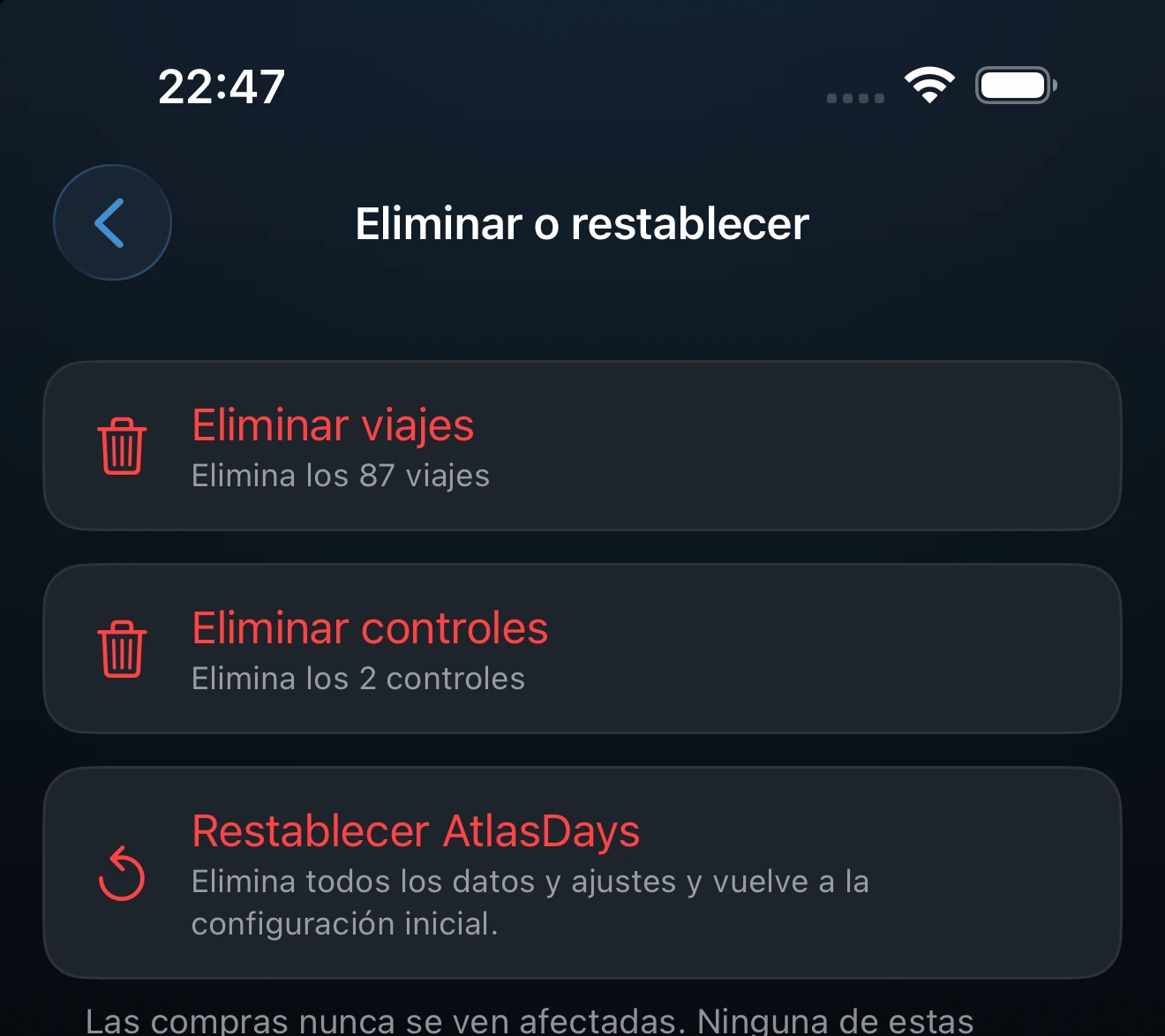 Pantalla Eliminar o restablecer con las acciones disponibles