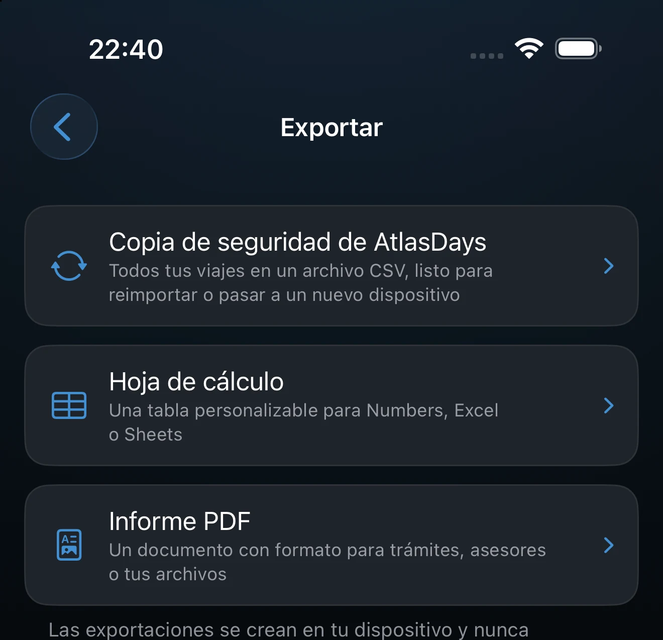 Pantalla de exportación con las opciones Copia de seguridad de AtlasDays, Hoja de cálculo y PDF