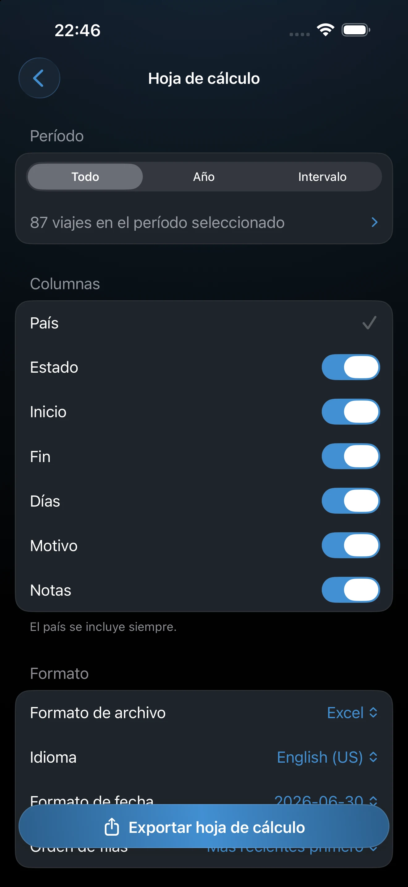 Configuración de la exportación a hoja de cálculo con las opciones de formato y de fecha