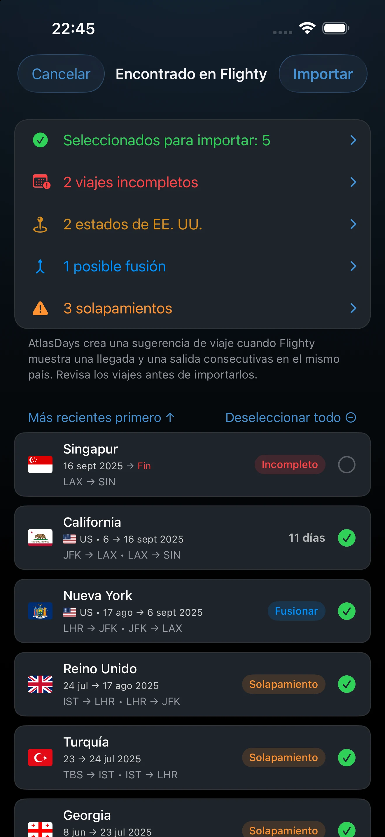 Vista previa de Importar desde Flighty con estancias, tránsitos y avisos