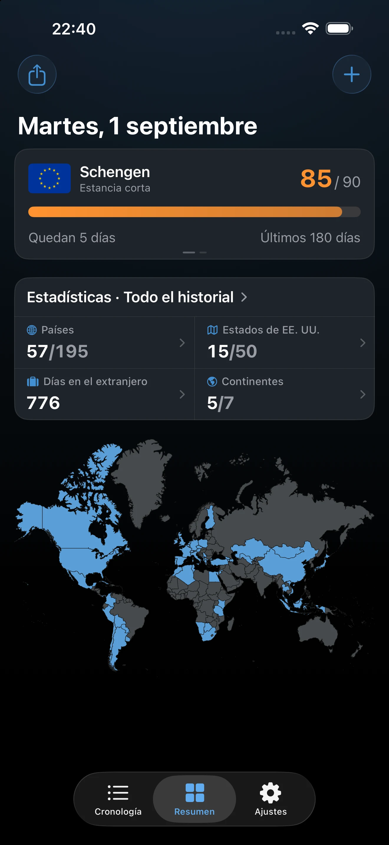 Resumen de AtlasDays con los totales de días, los controles y el mapa del mundo