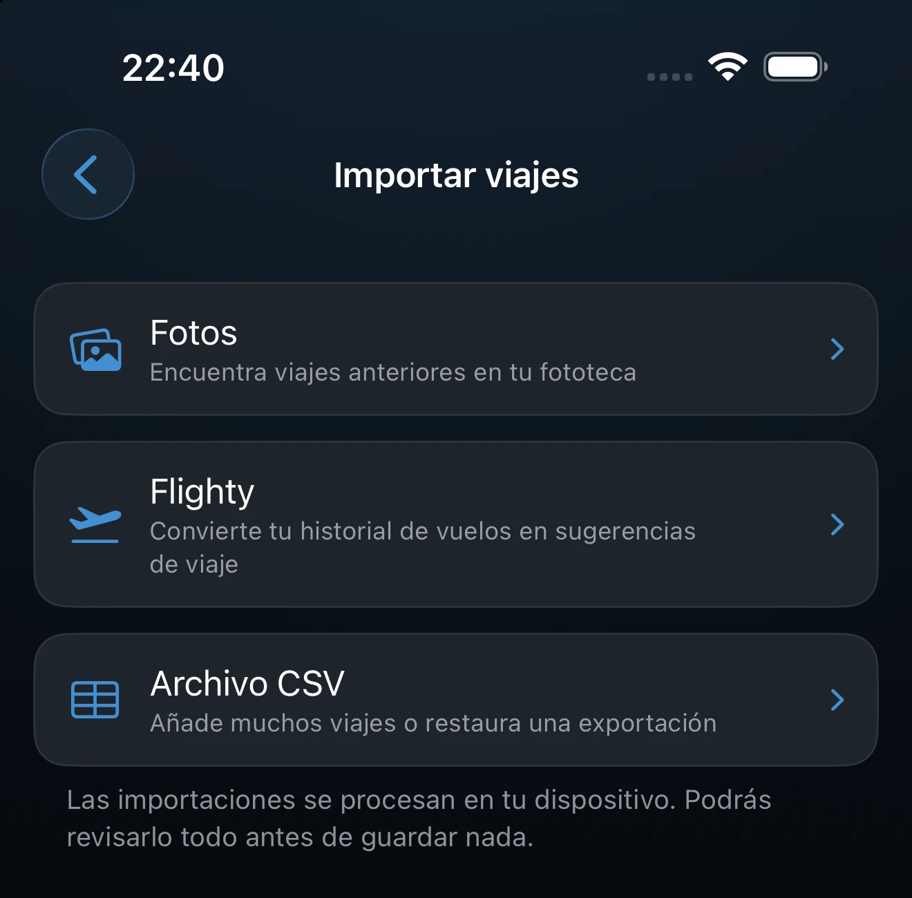 Pantalla de importación con las opciones Fotos, Flighty y CSV