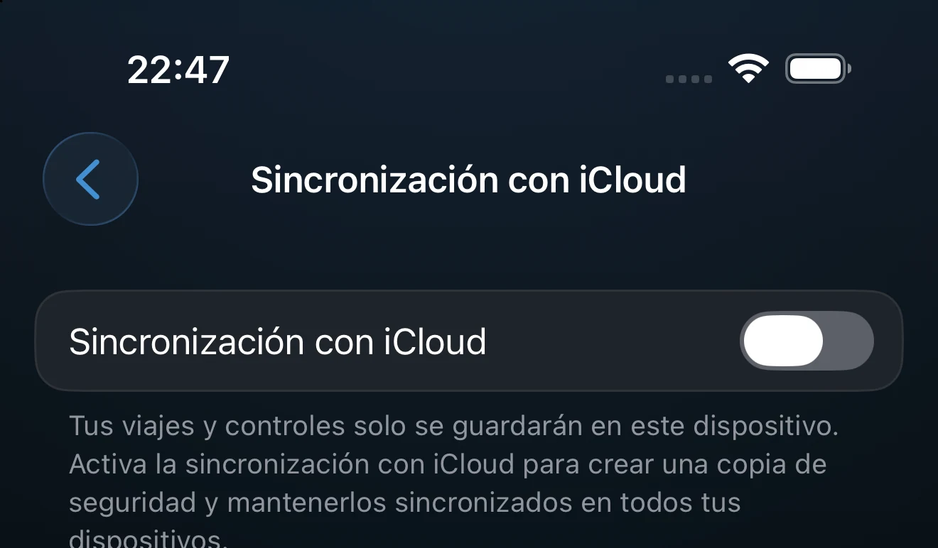 Ajustes de sincronización con iCloud con el estado, la última actividad y el número de datos
