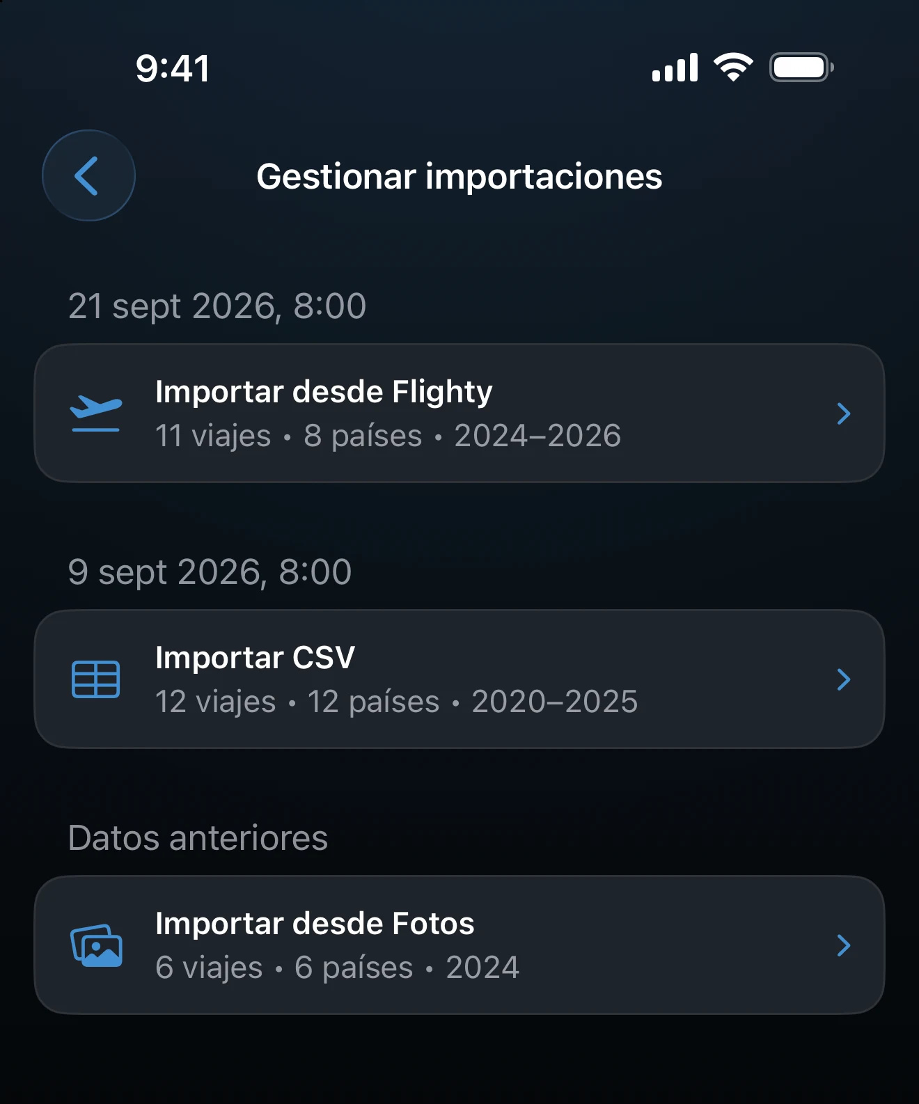 Gestionar importaciones con cada importación y sus recuentos de viajes y países