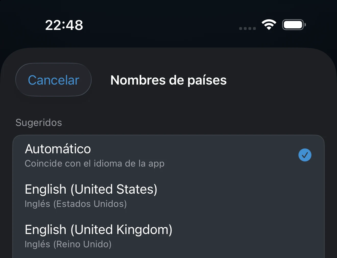 Selector de idioma de los nombres de países