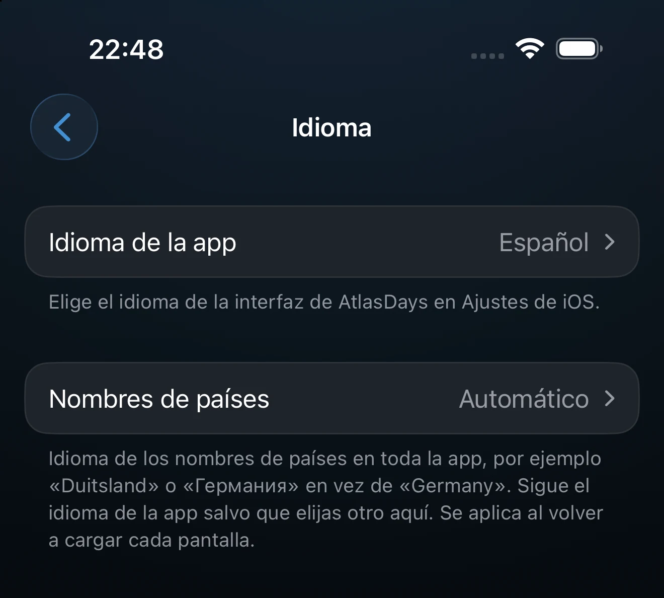 Ajustes de idioma con las opciones de interfaz y de nombres de países