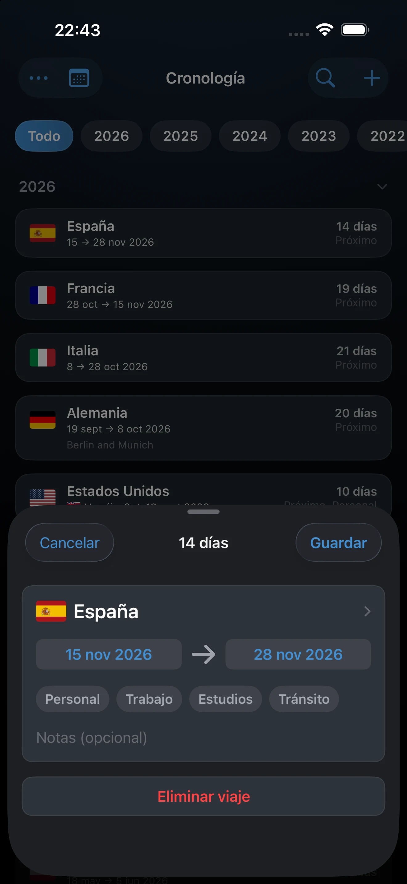 Panel de añadir viaje con fechas futuras introducidas