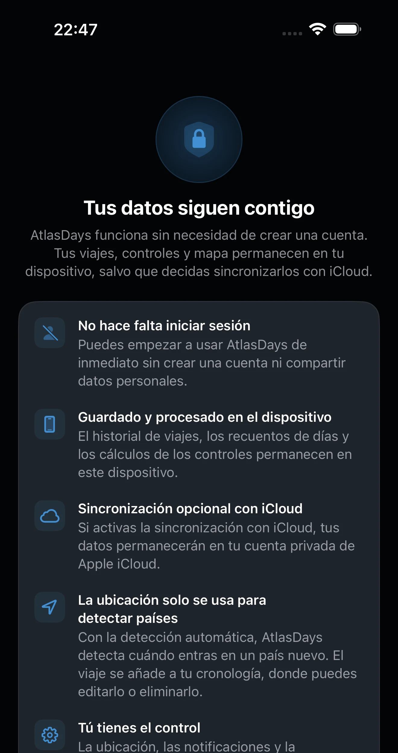 Resumen de privacidad de AtlasDays con los datos y los permisos