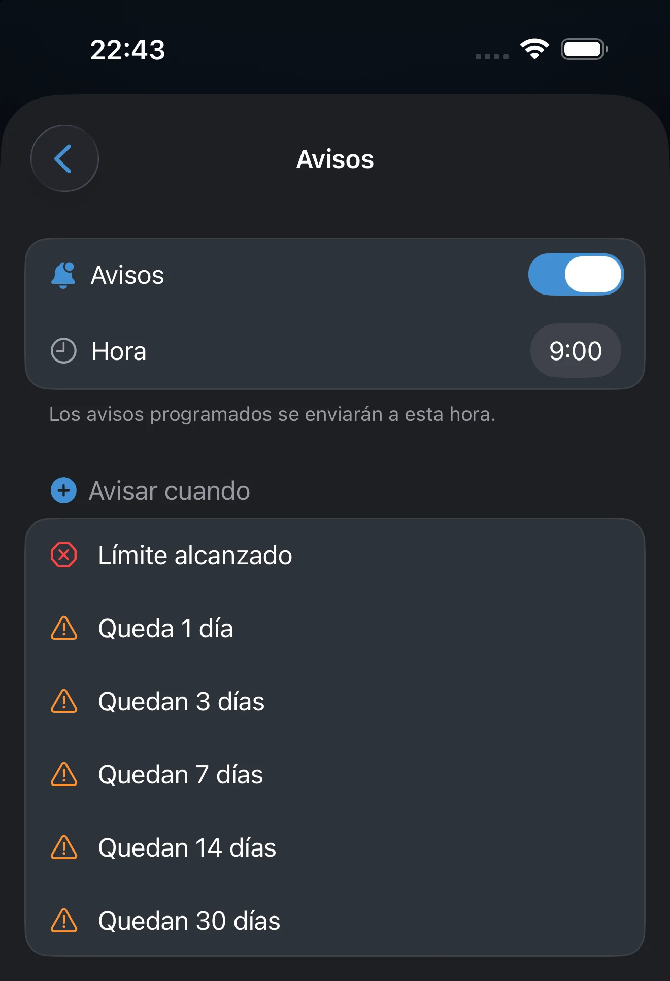 Pantalla de avisos de un control con la hora de entrega y la lista de umbrales