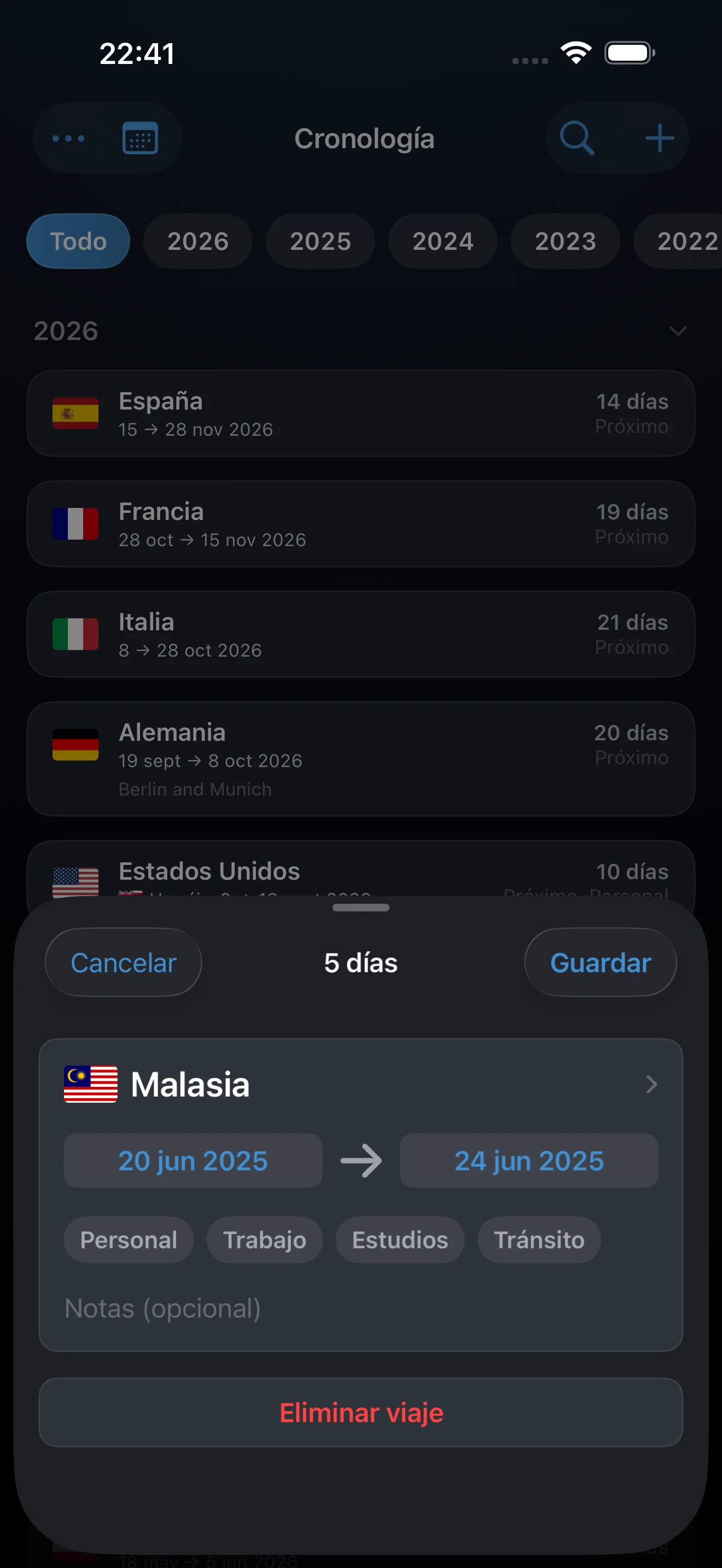 Panel de edición de un viaje con el país y las fechas