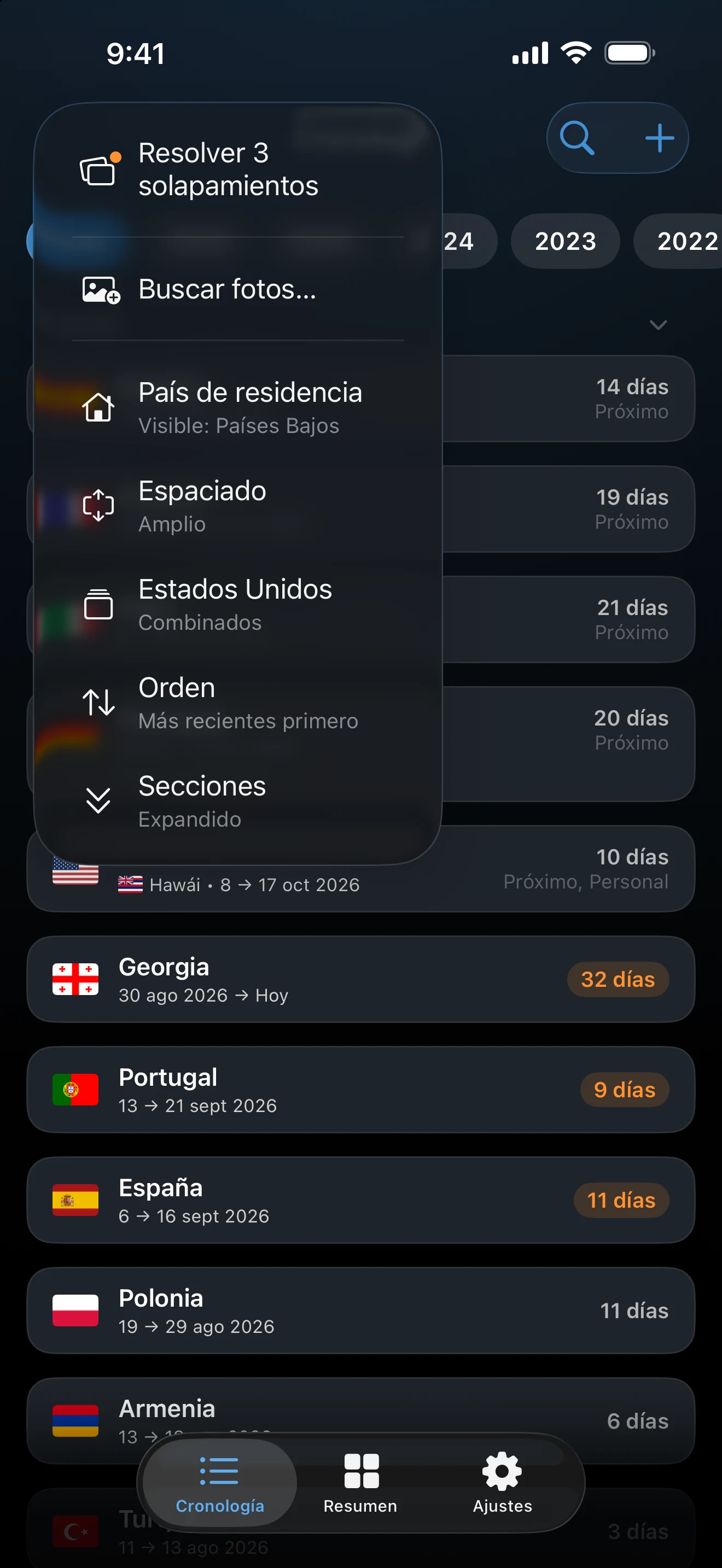Menú de la Cronología con Resolver solapamientos, Buscar fotos, País de residencia, Espaciado, Estados Unidos, Orden y Secciones