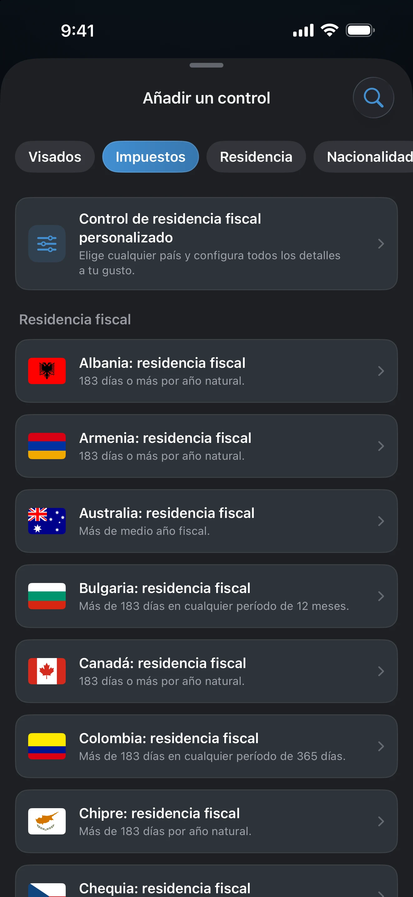 Lista de Añadir un control filtrada por la píldora Impuestos