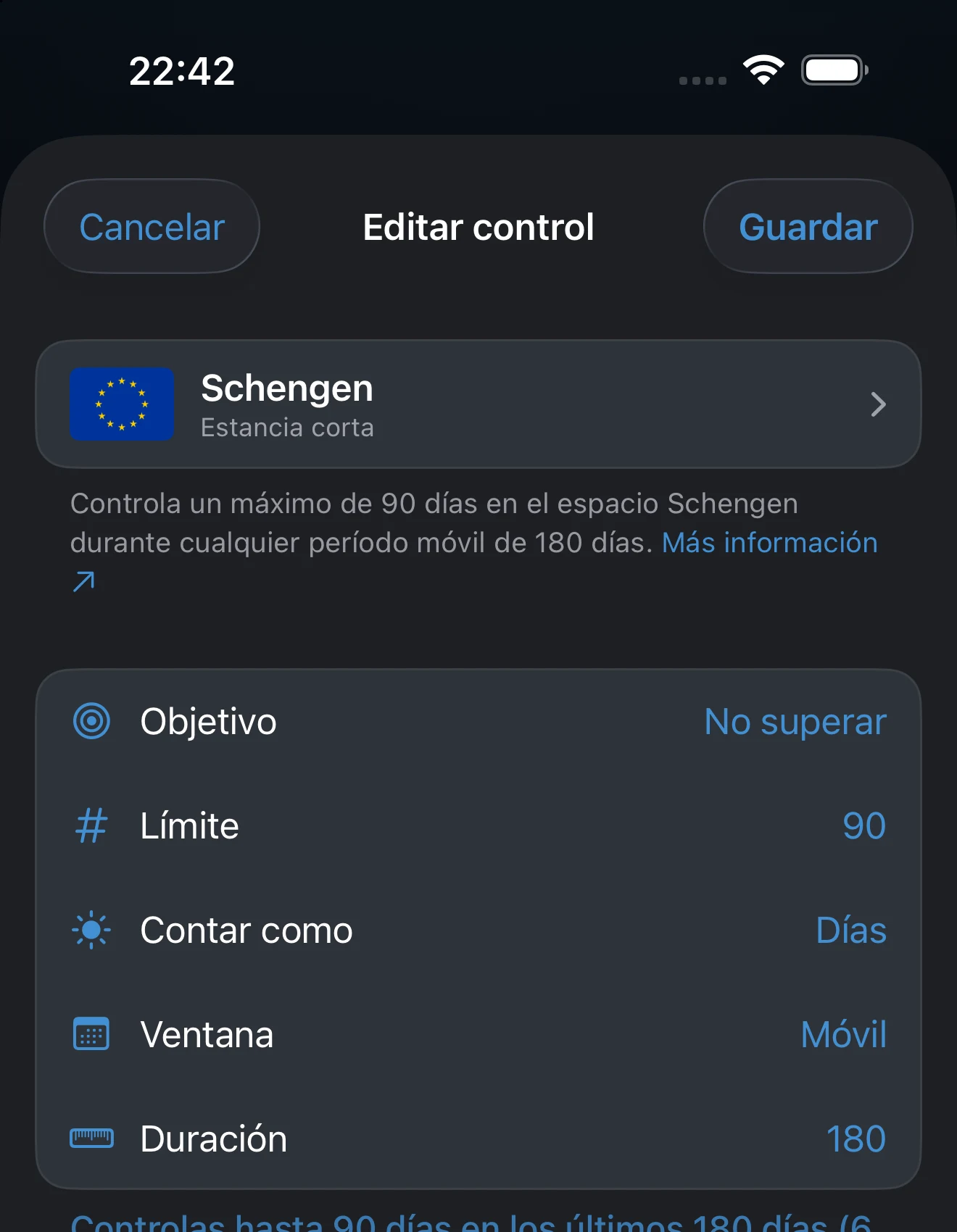 Editor de un control con los ajustes de límite y de ventana