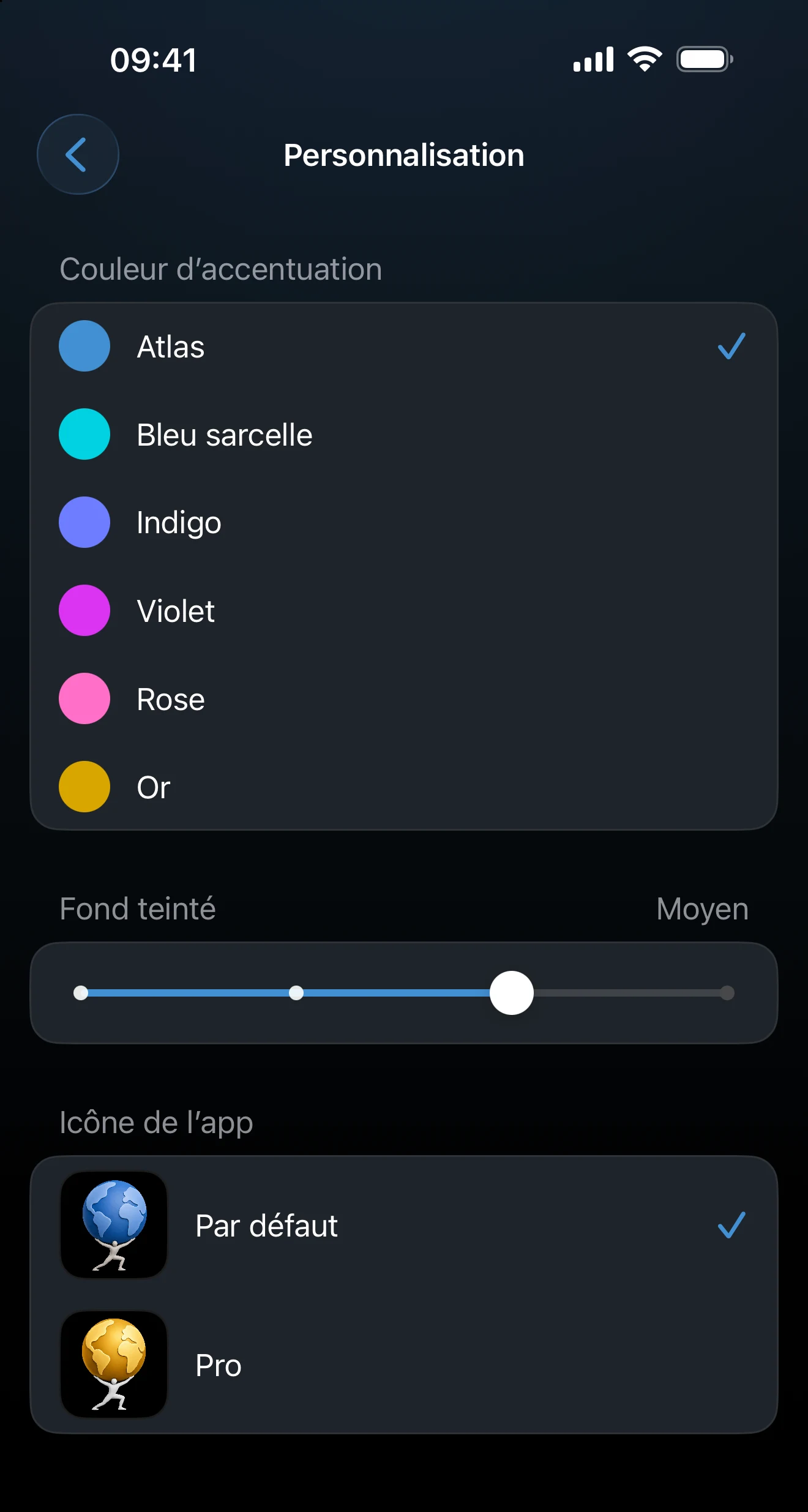 Écran Personnaliser avec couleur d’accentuation, fond teinté et icône de l’app
