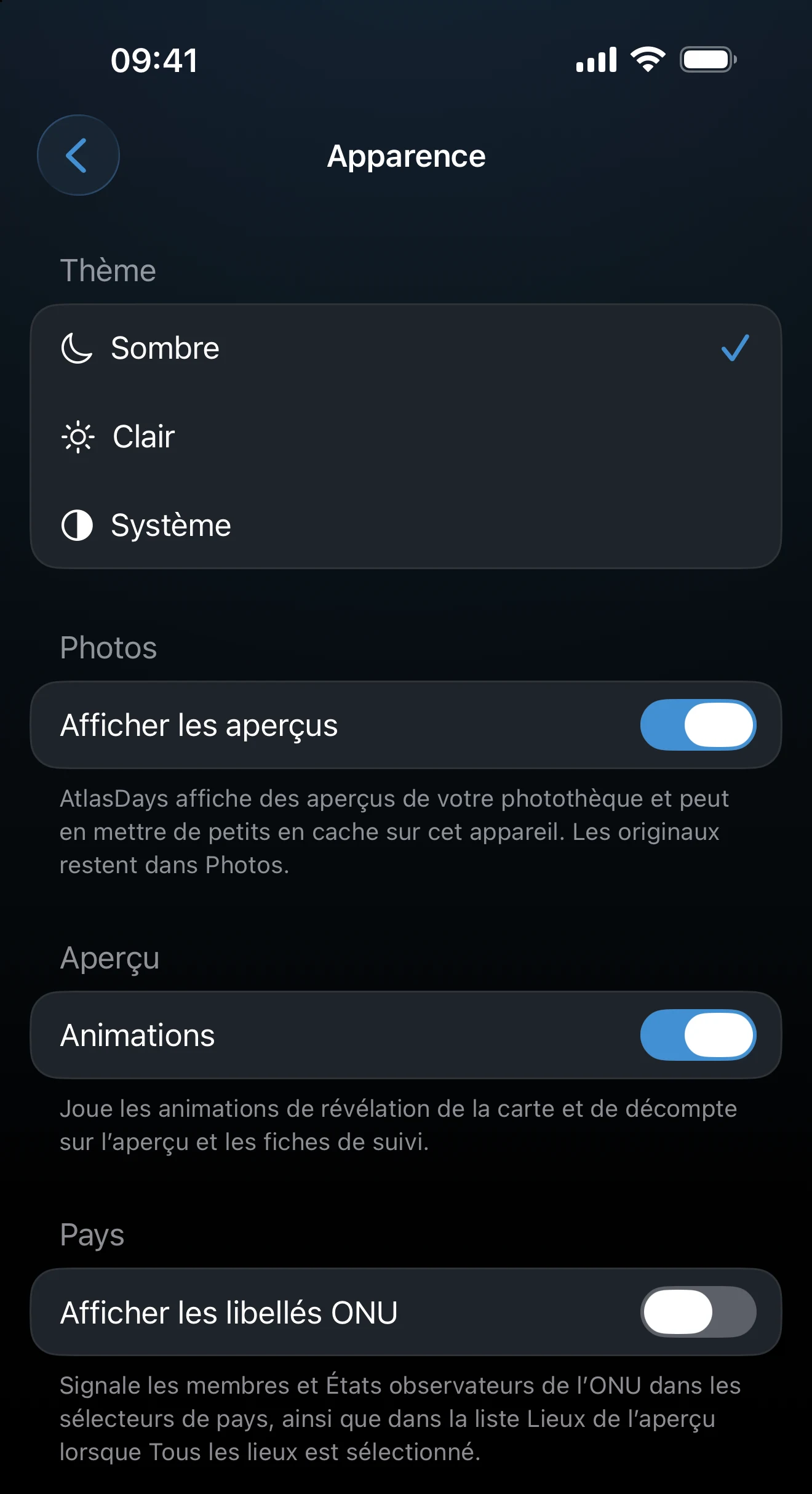 Réglages d’apparence et de personnalisation avec les choix de thème et de couleur d’accentuation