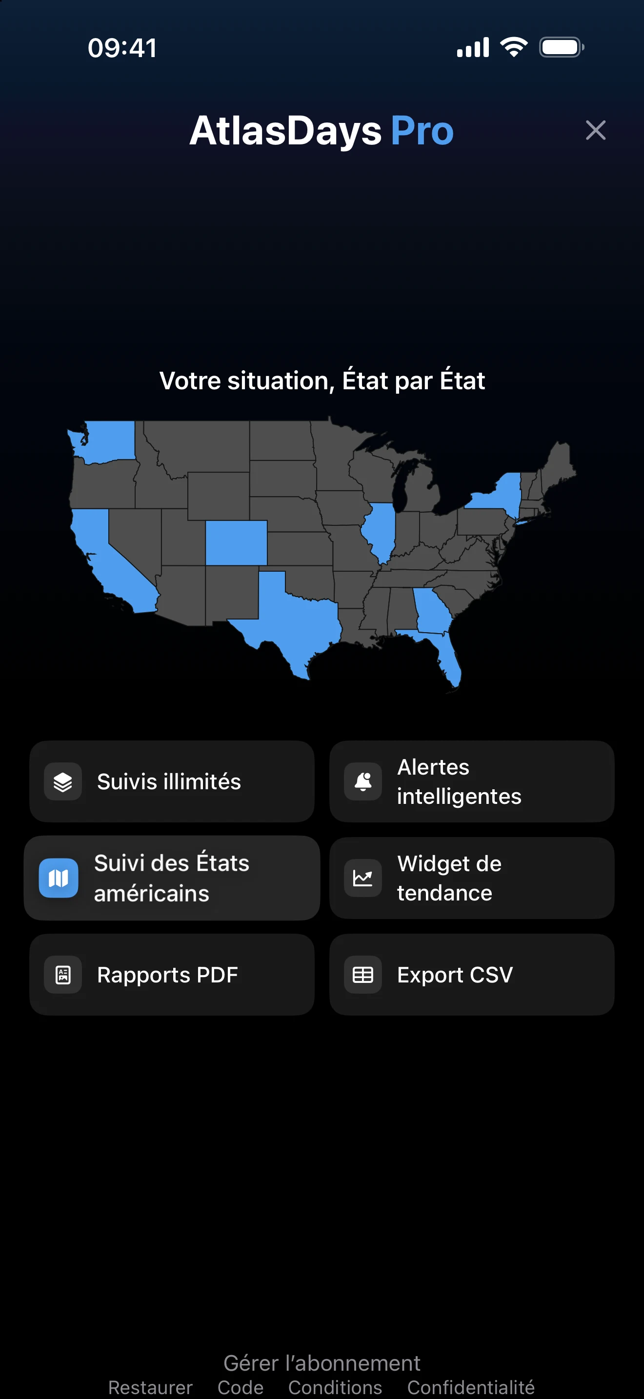 Écran de passage à AtlasDays Pro avec la liste des fonctionnalités