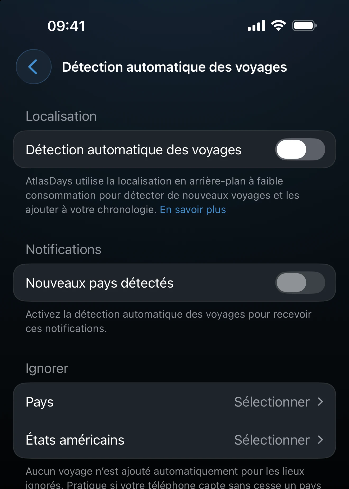 Réglages de la détection automatique des voyages avec les commandes de localisation et de notifications
