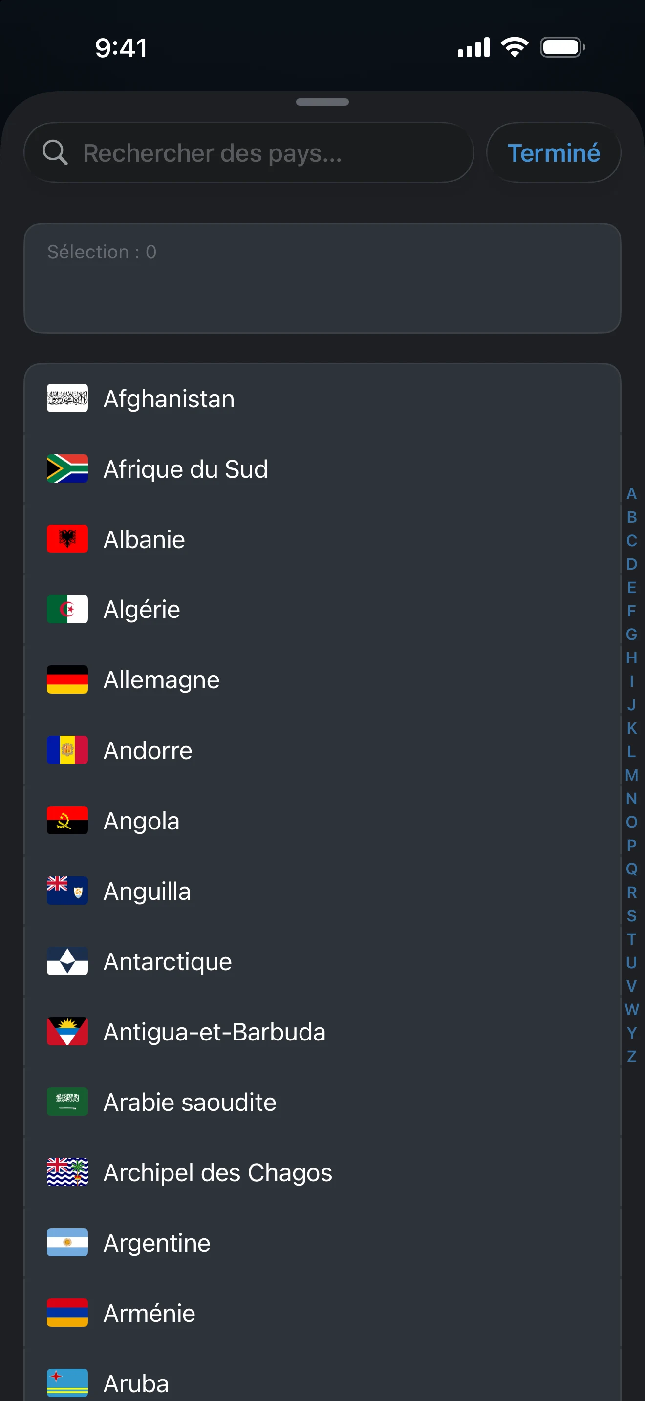 Liste des pays ignorés de la détection automatique avec des pays sélectionnés
