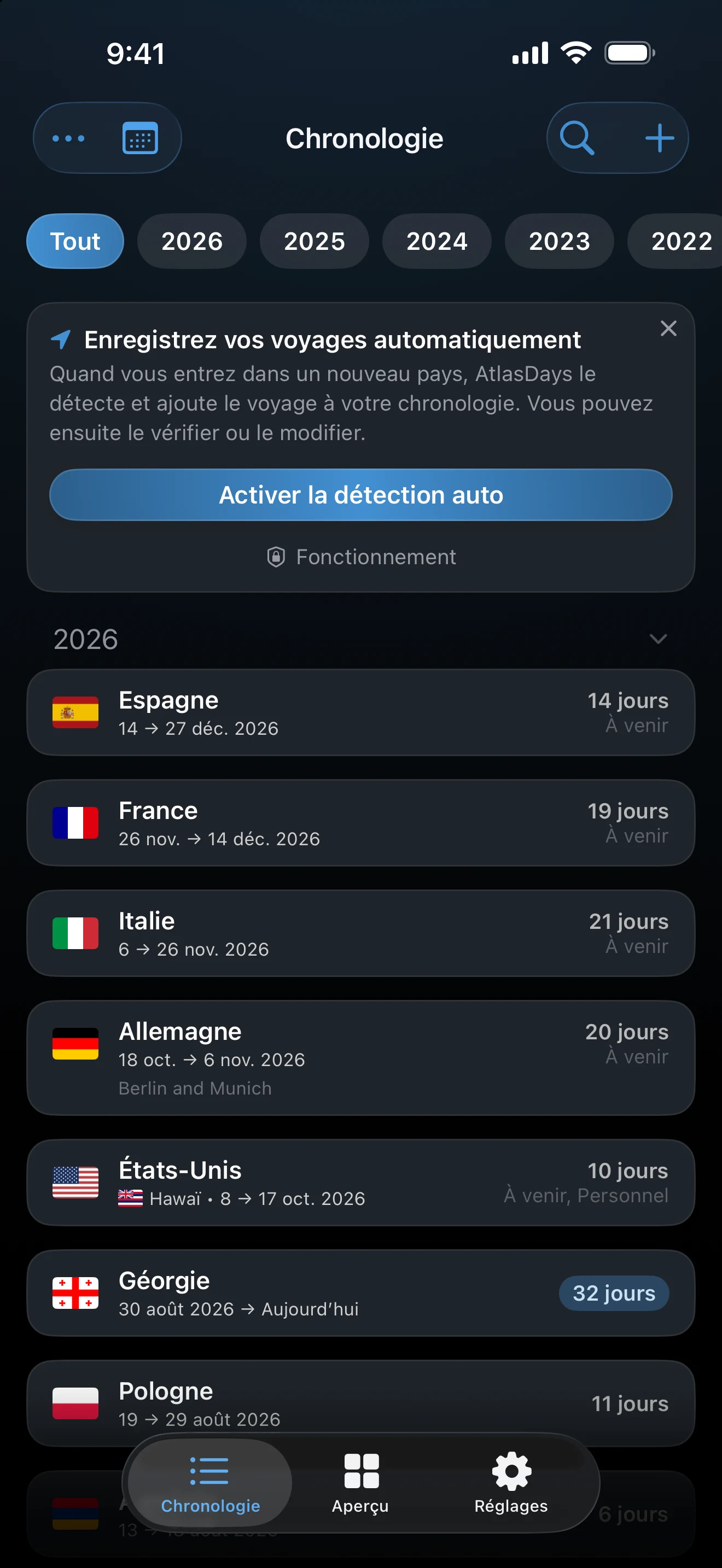 Carte de la chronologie proposant d’activer la détection automatique