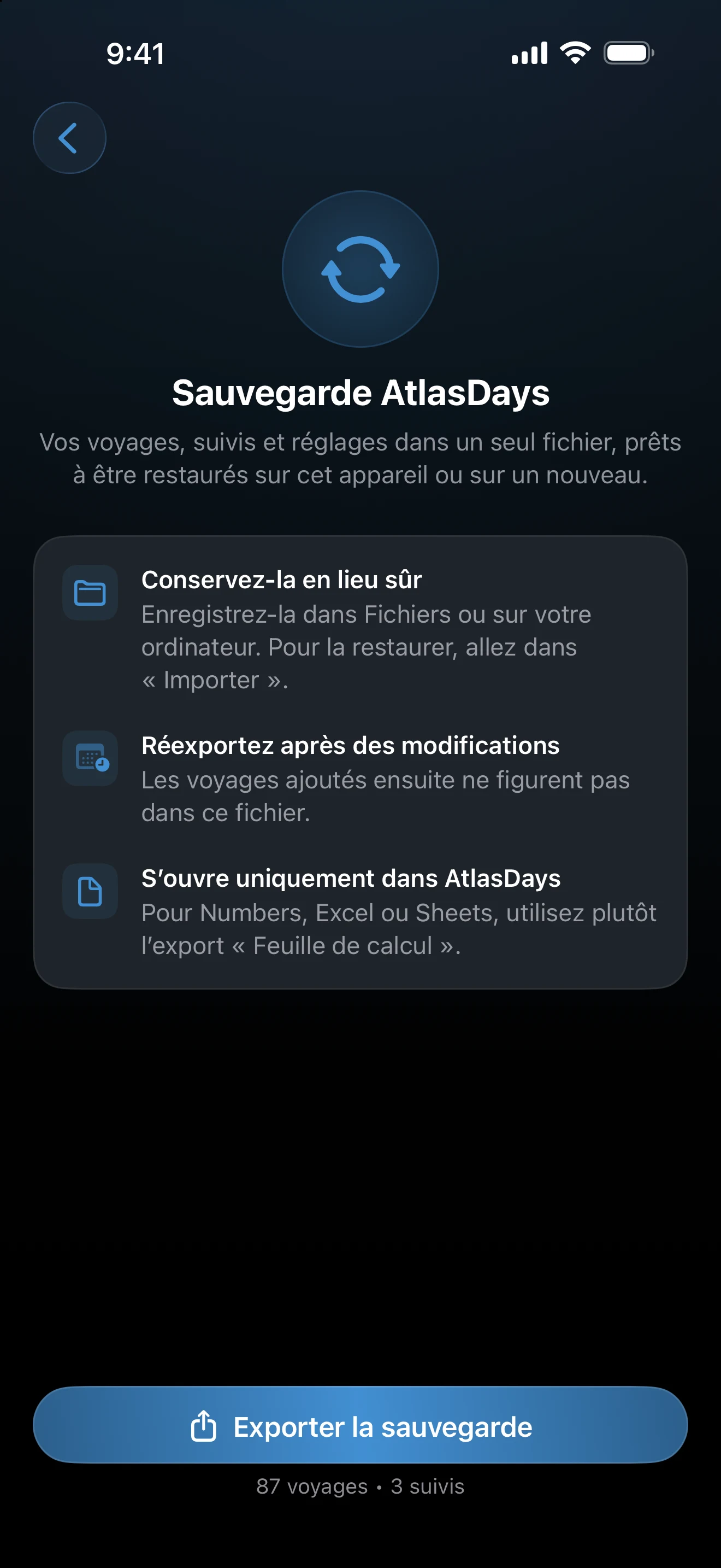 Écran Sauvegarde AtlasDays avec le bouton Exporter la sauvegarde et le nombre de voyages et de suivis