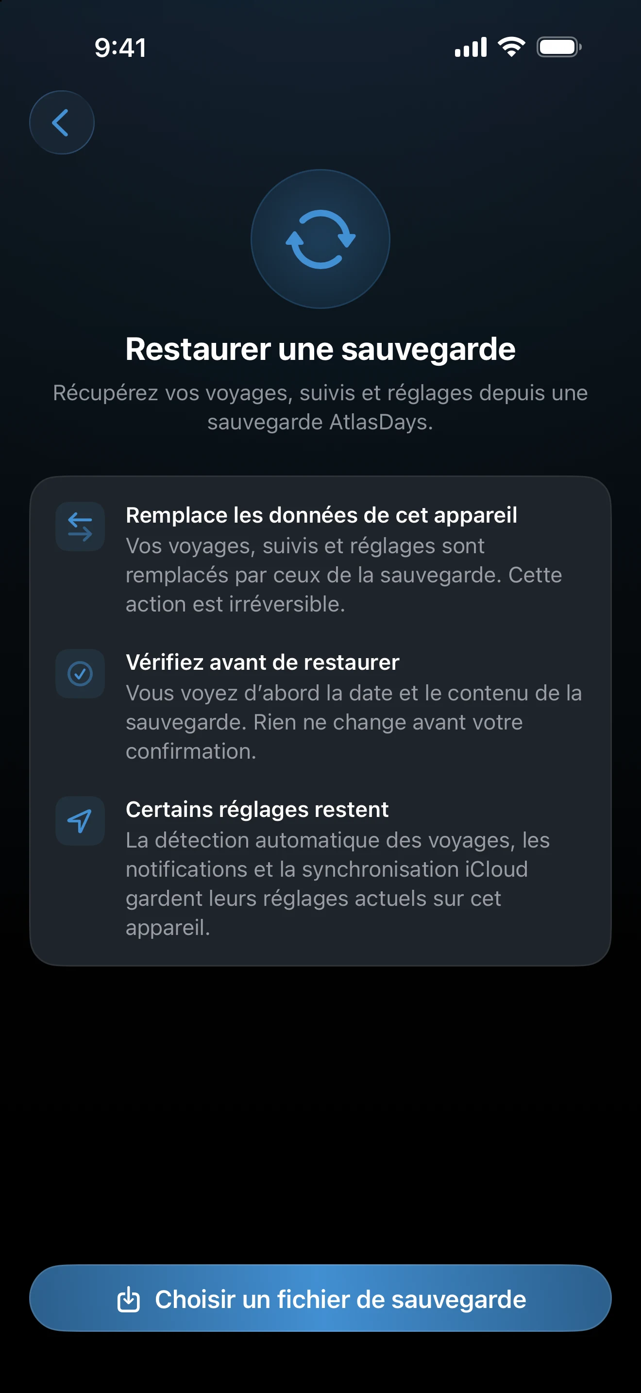 Écran Restaurer une sauvegarde avec le bouton Choisir un fichier de sauvegarde
