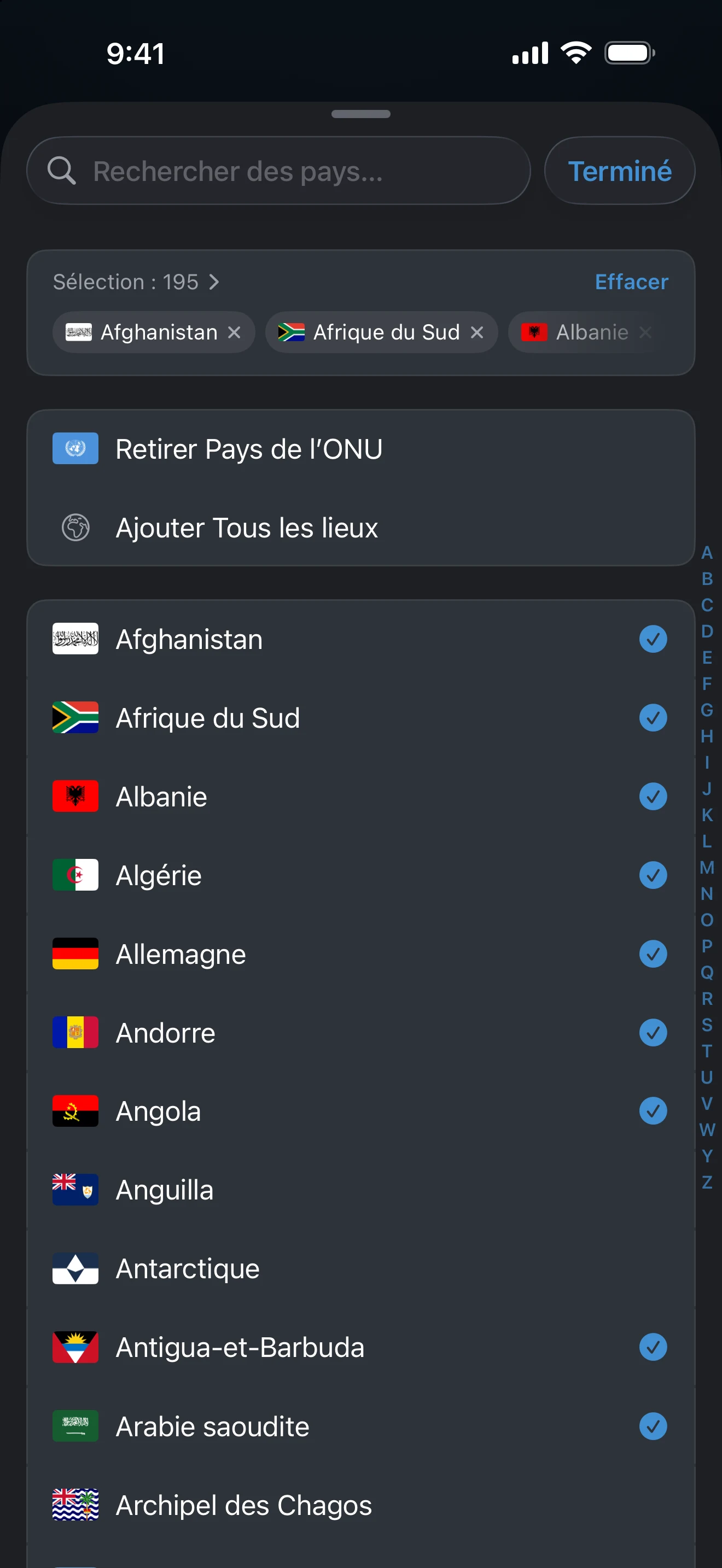 Sélecteur du Nombre de pays avec la ligne de préréglage Pays de l’ONU au-dessus de la liste des lieux