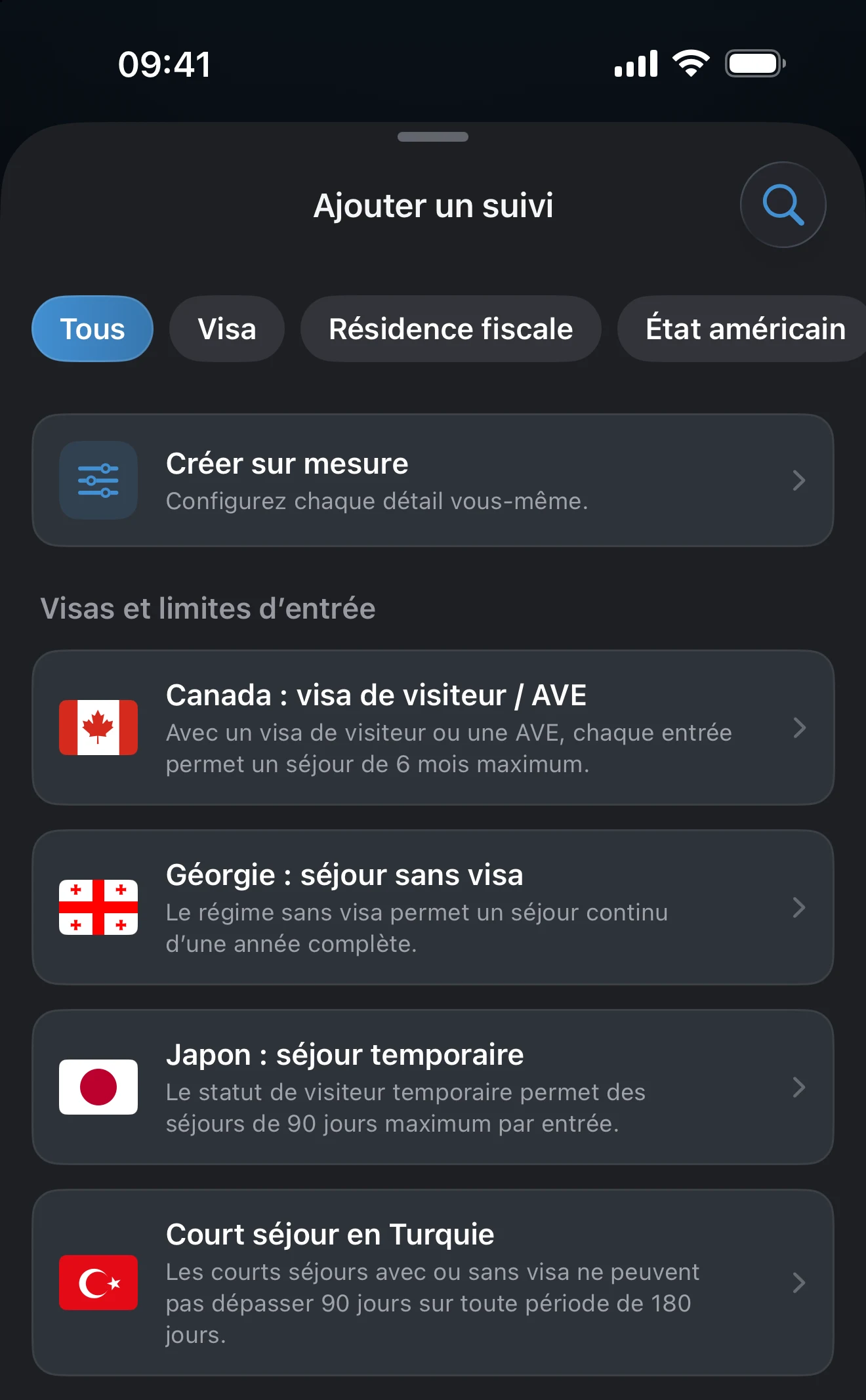 Feuille Ajouter un suivi avec les filtres Visa, Résidence fiscale, État américain et Objectif de séjour au-dessus de la liste des préréglages