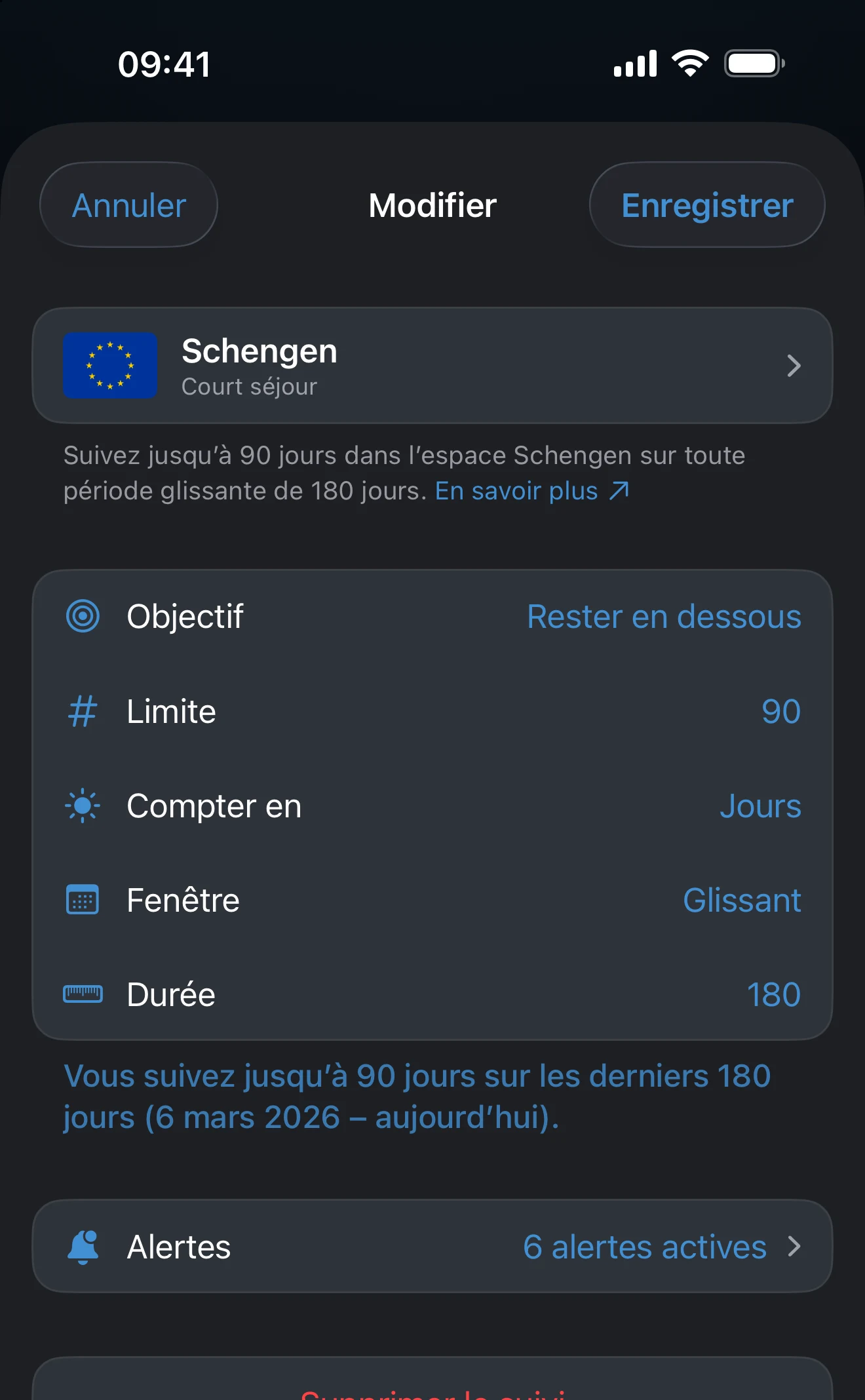 Éditeur de suivi configuré avec les lieux, la fenêtre et la limite