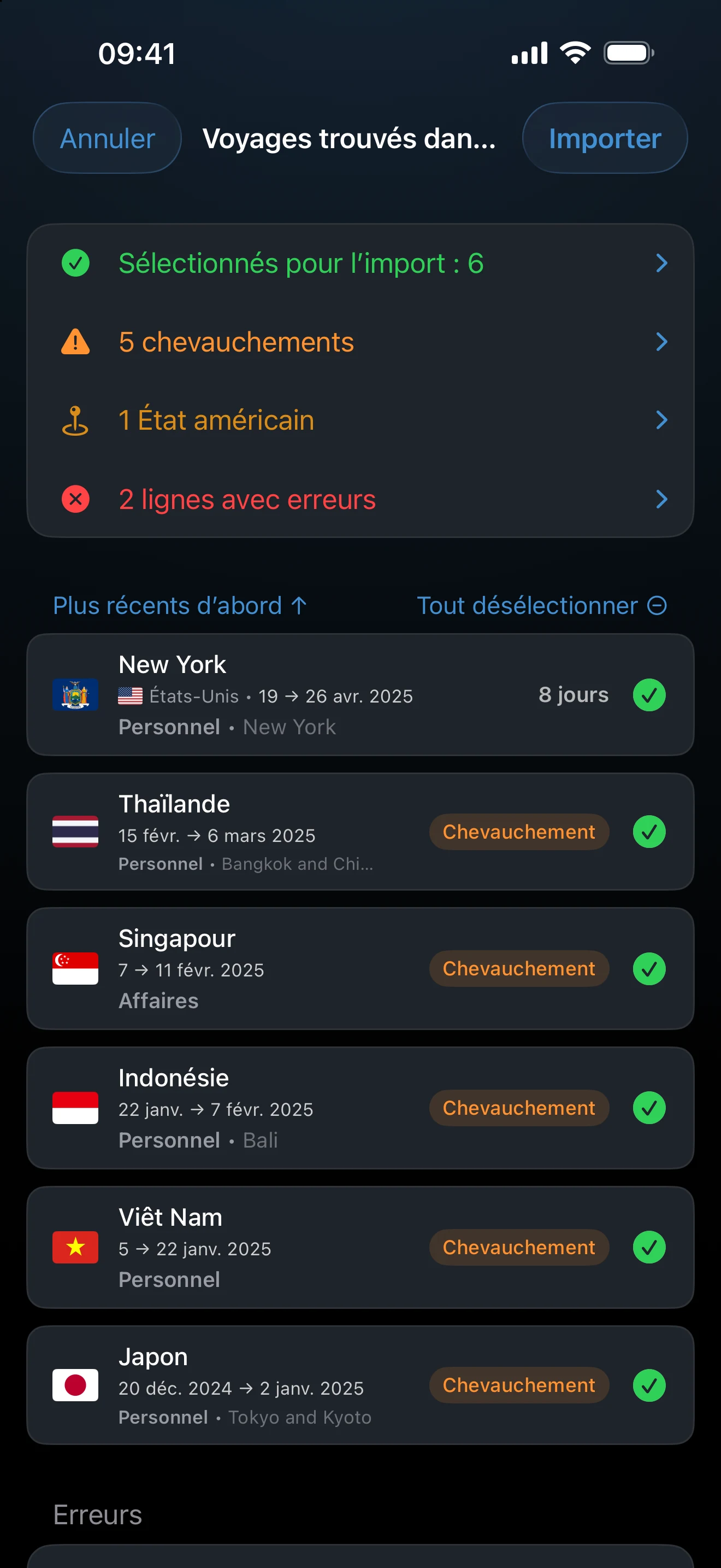 Vérification de l’import CSV avec lignes valides, non valides, doublons et chevauchements