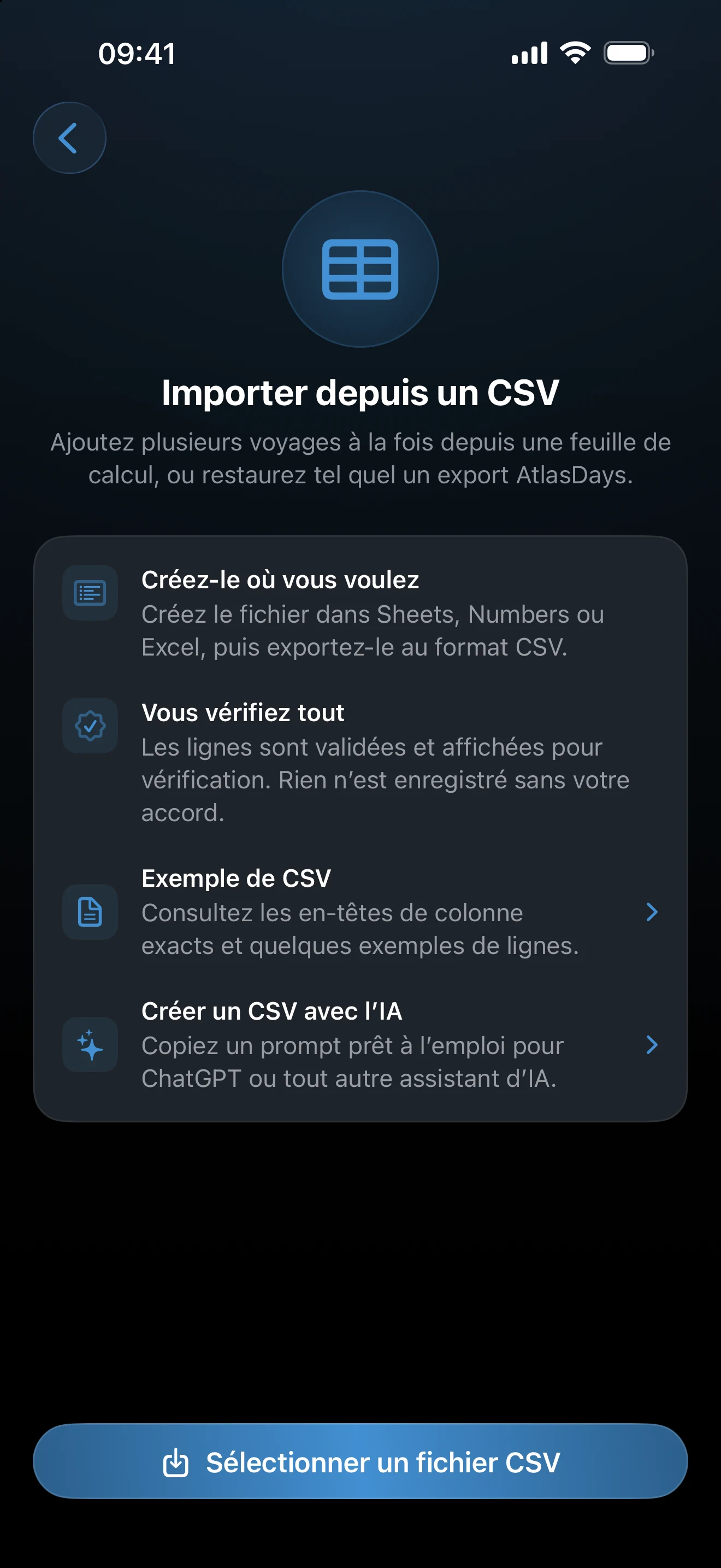 Écran de configuration de l’import CSV avec les commandes de fichier d’exemple