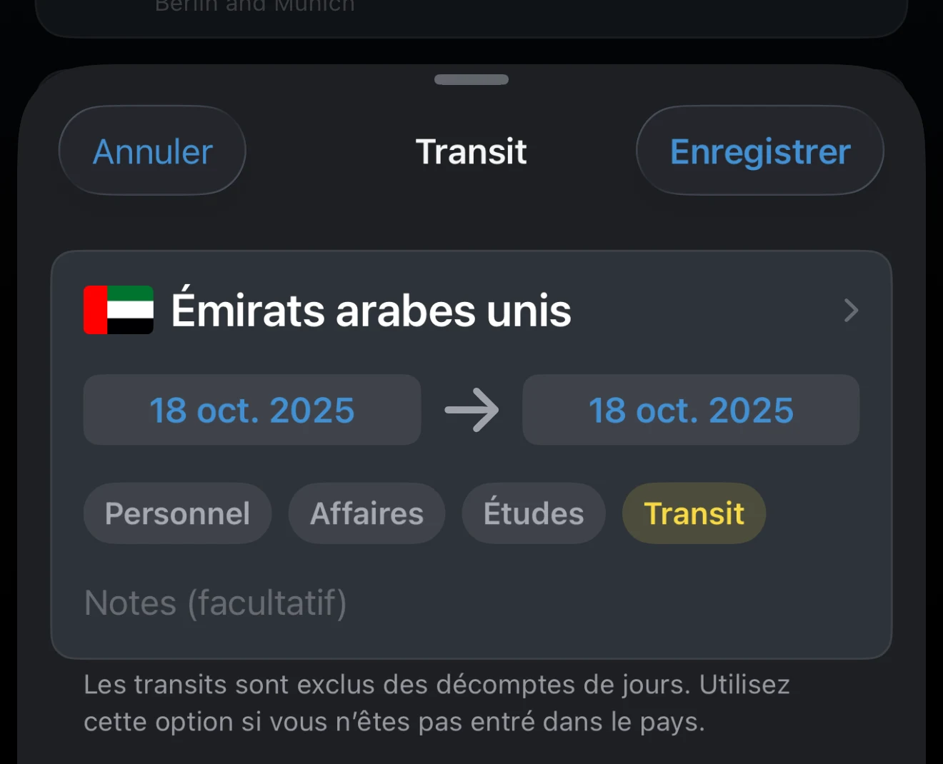 Voyage avec le motif Transit sélectionné