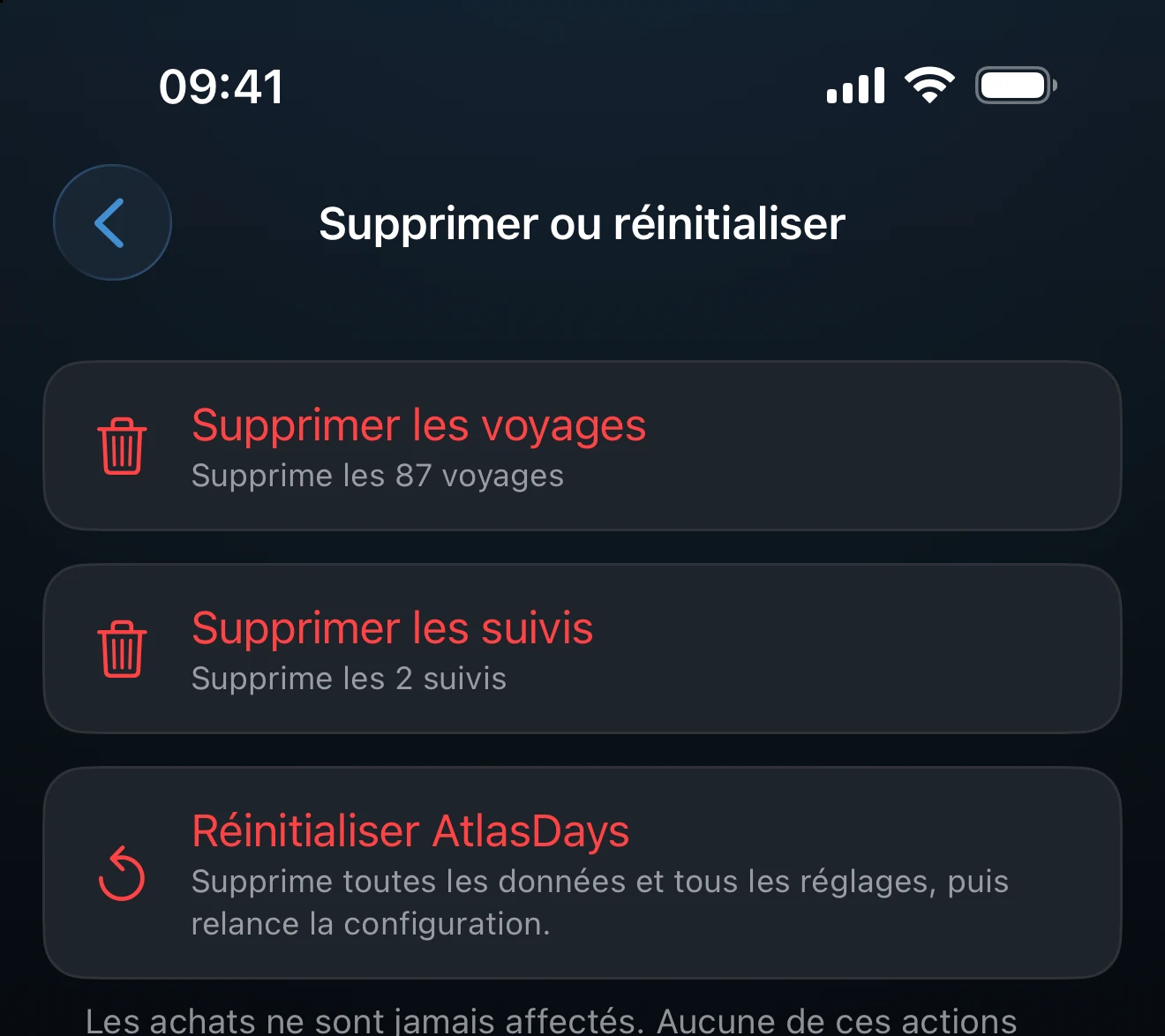 Écran Supprimer ou réinitialiser listant les actions disponibles