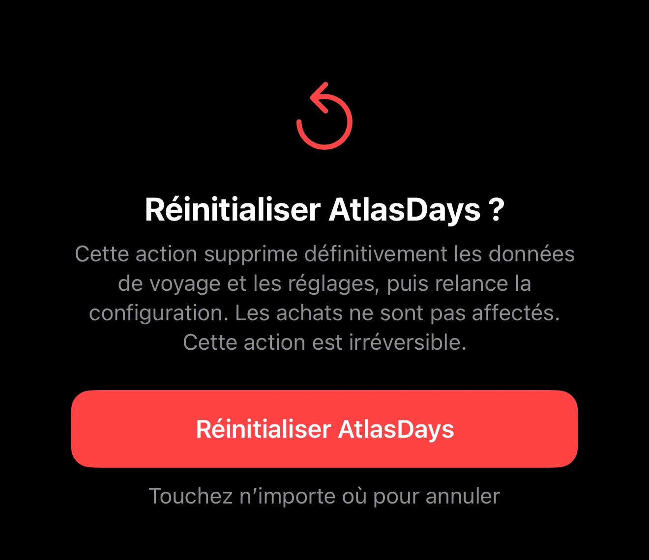 Confirmation d’action destructrice expliquant ce qui sera supprimé
