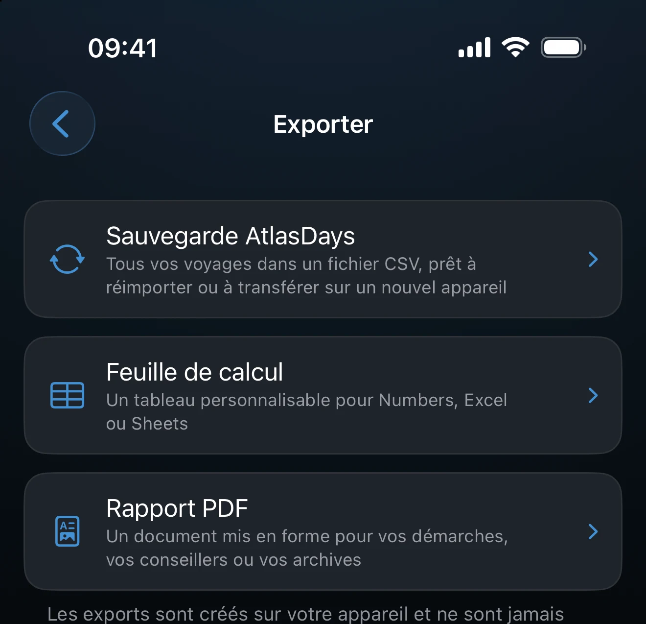 Écran d’export avec les options Sauvegarde AtlasDays, Feuille de calcul et PDF