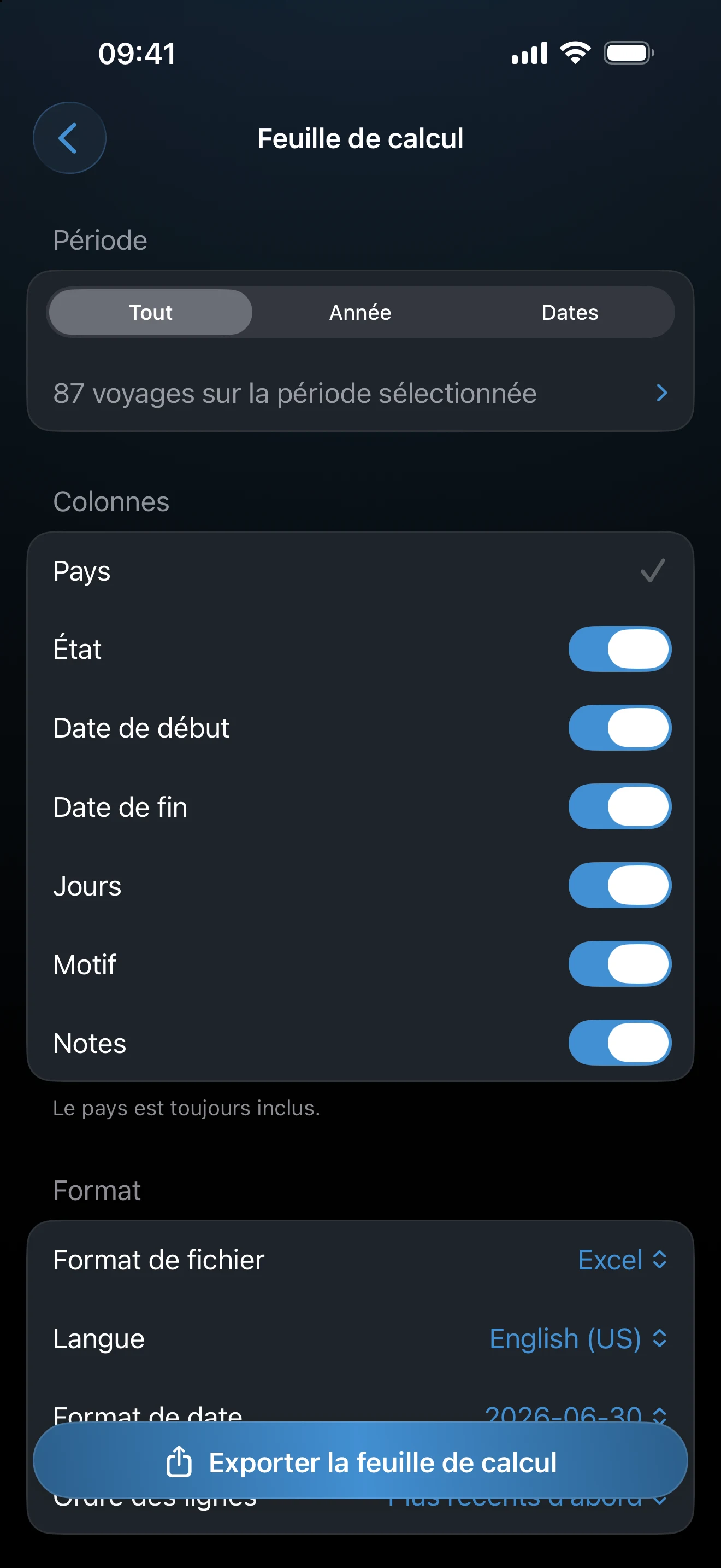 Configuration de l’export en feuille de calcul avec les options de format et de date