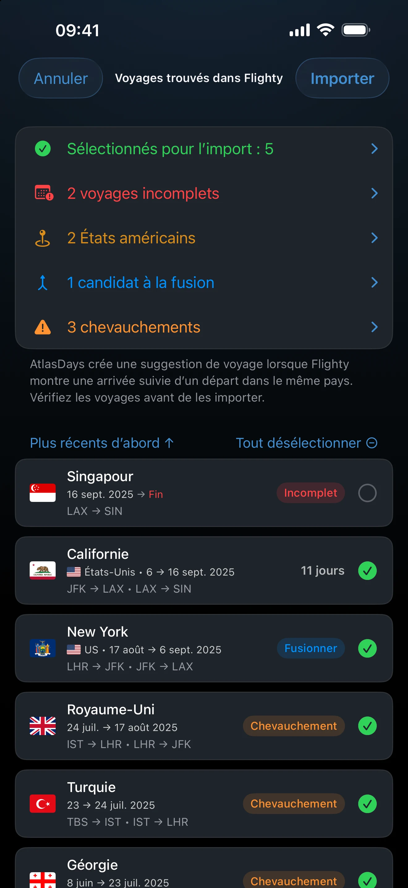 Vérification de l’import Flighty avec séjours, transits et avertissements