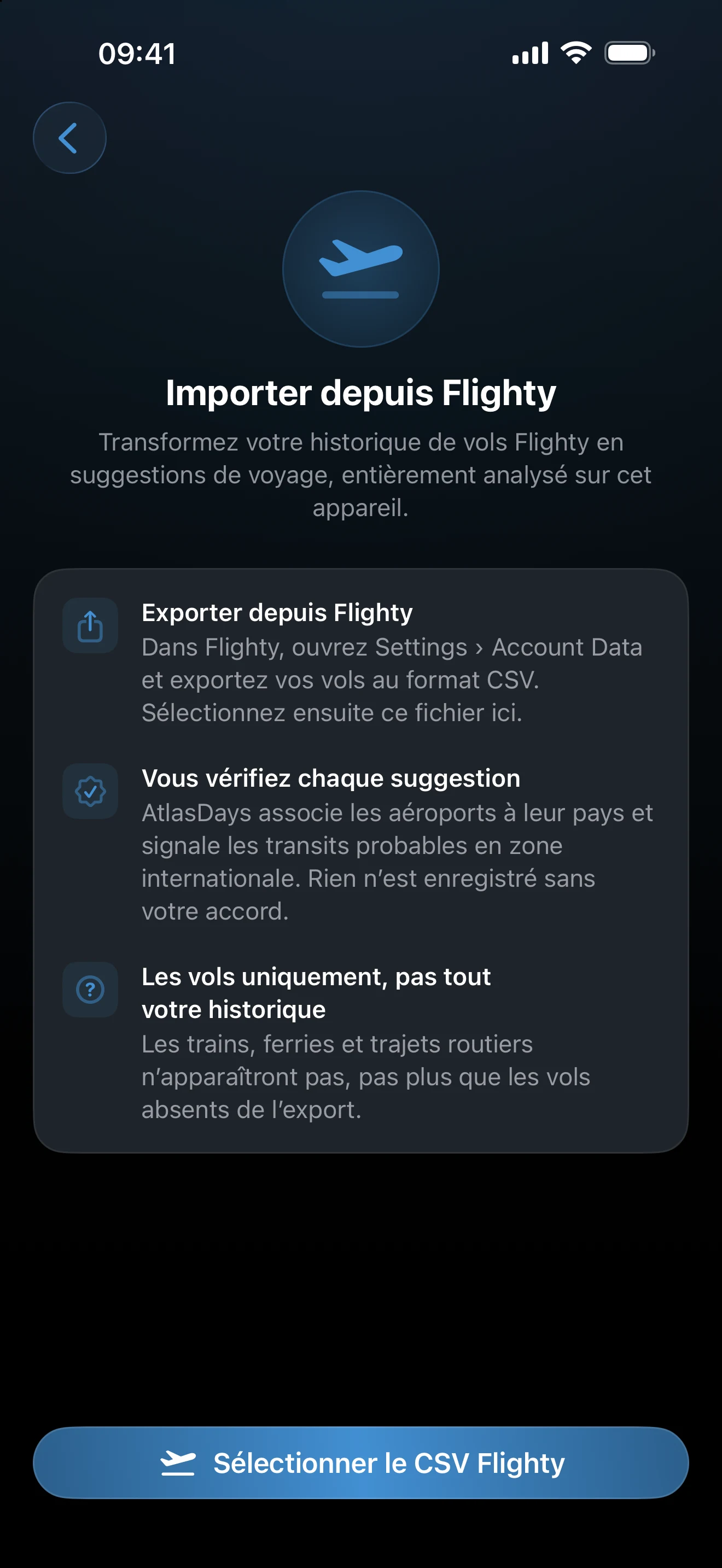 Écran de configuration de l’import depuis Flighty