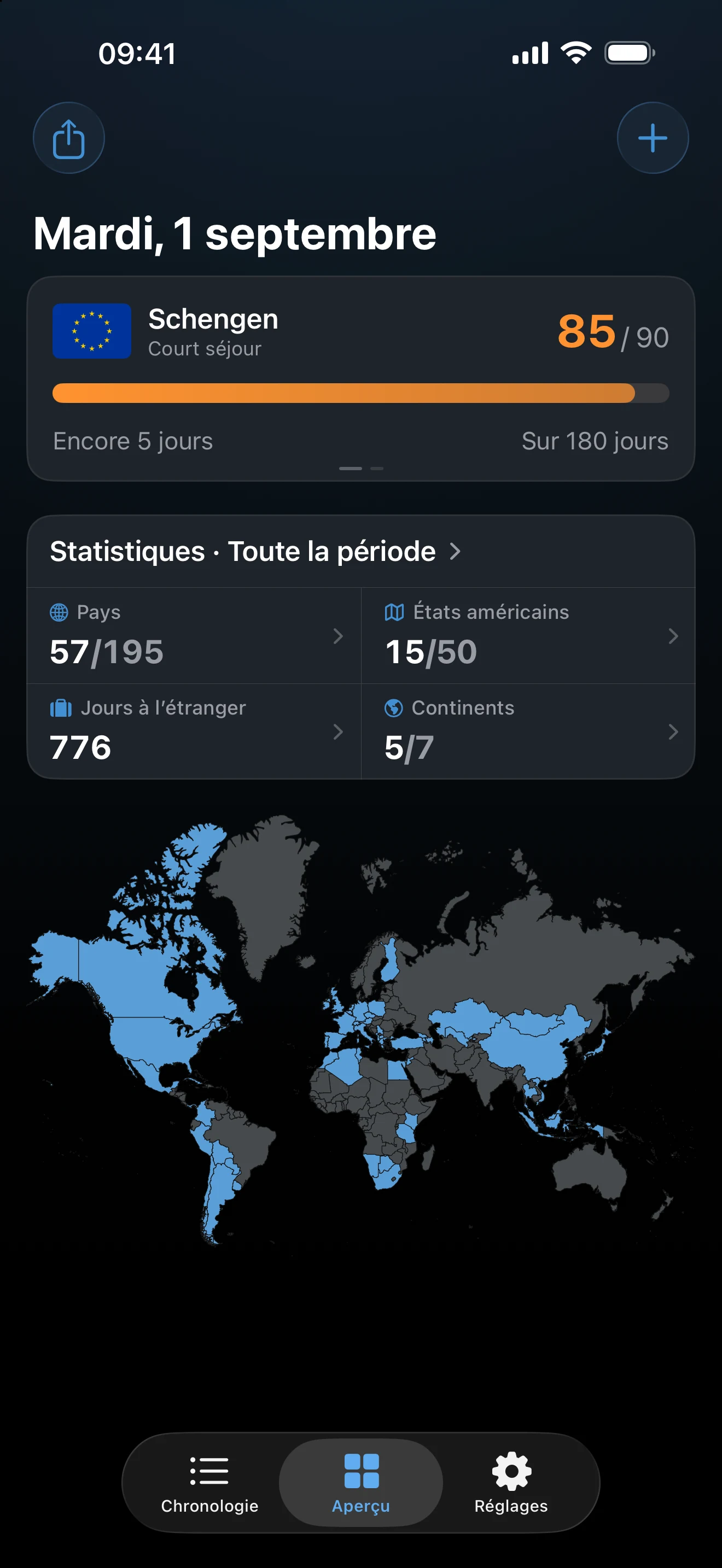 Aperçu AtlasDays montrant les totaux de jours, les suivis et la carte du monde