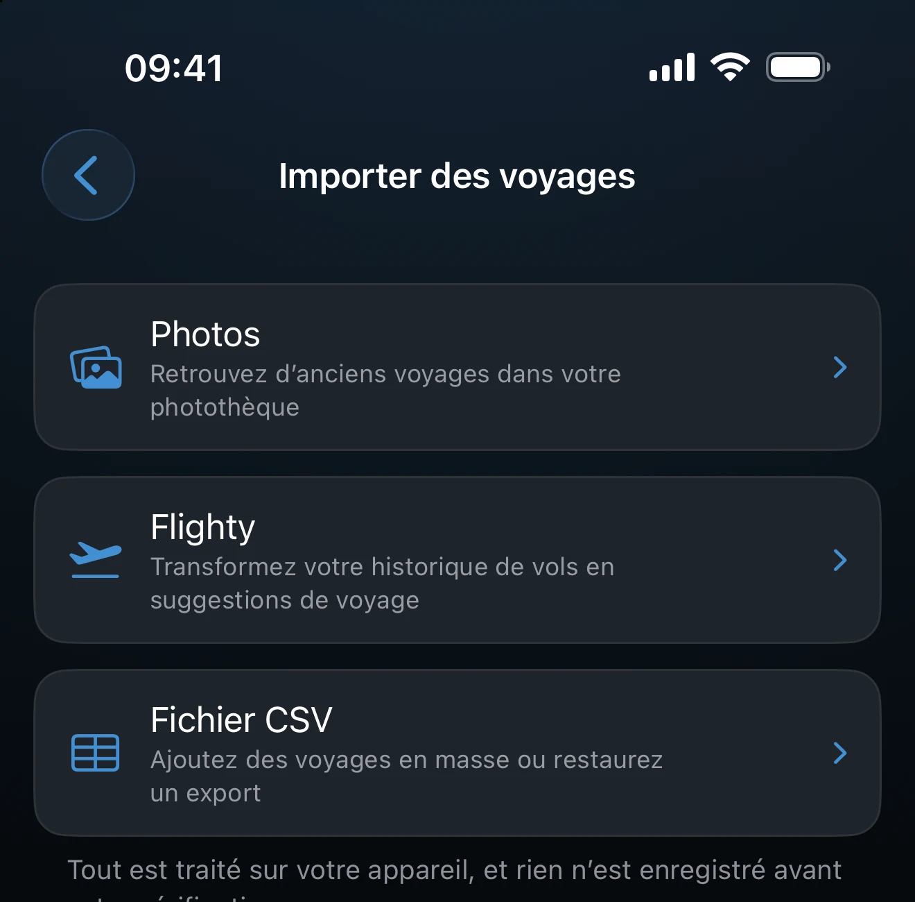 Écran d’import listant les options Photos, Flighty et CSV