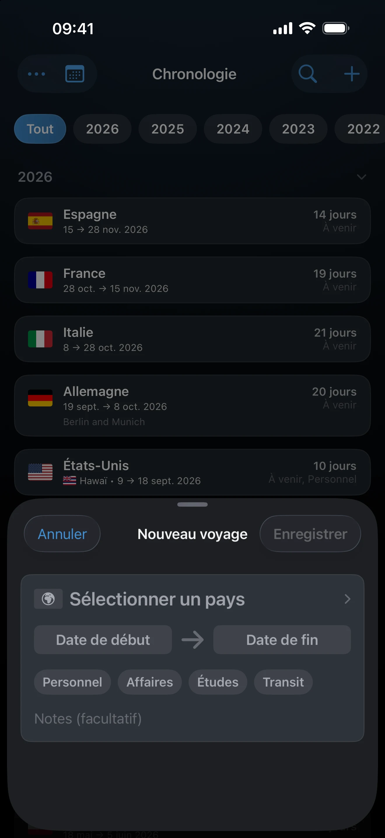 Fiche Ajouter un voyage avec le pays, les dates et le motif