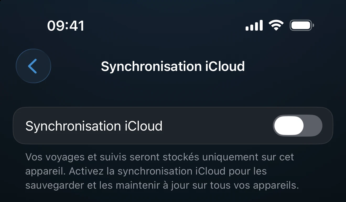 Réglages de la synchronisation iCloud affichant l’état, la dernière activité et le nombre de données