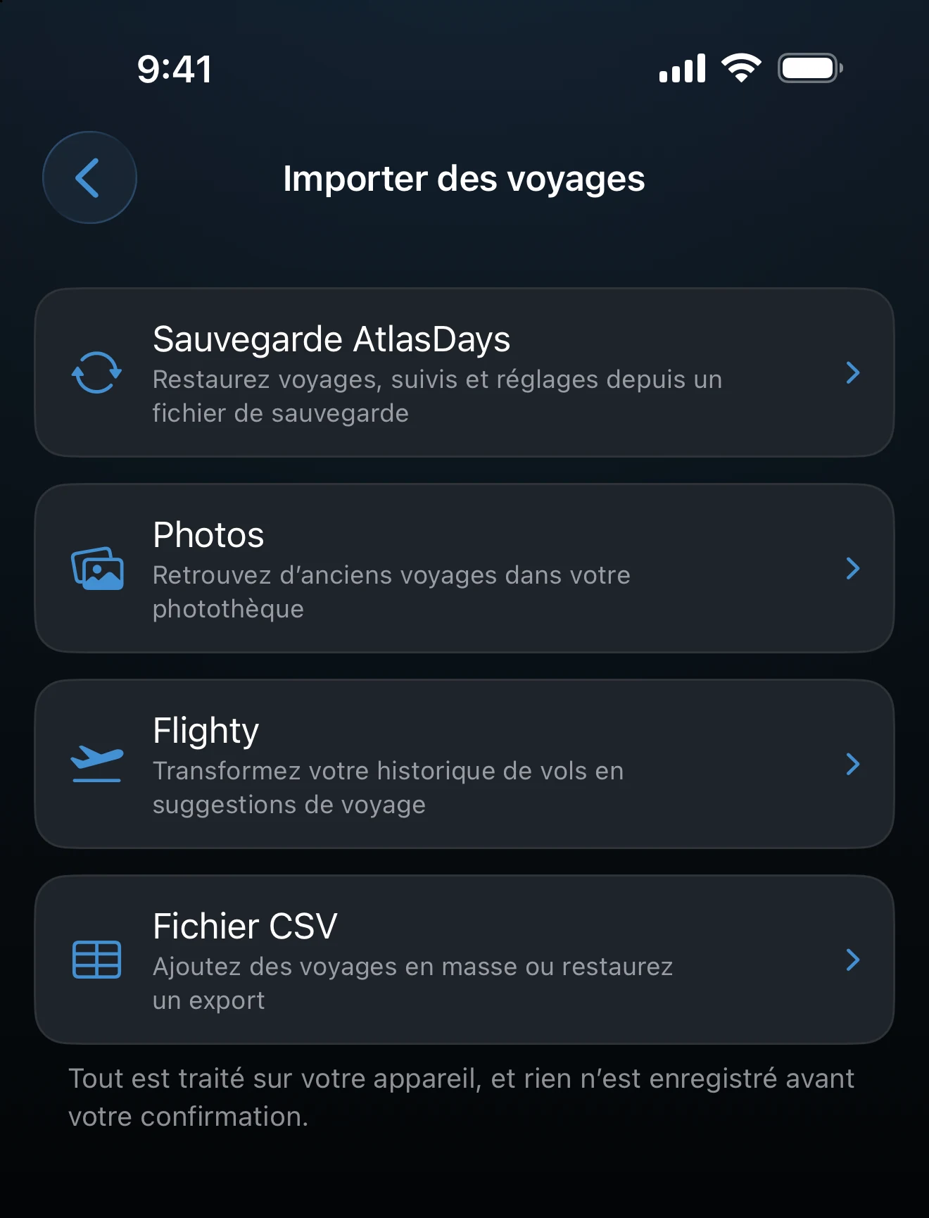 Écran Importer des voyages listant Sauvegarde AtlasDays, Photos, Flighty et Fichier CSV