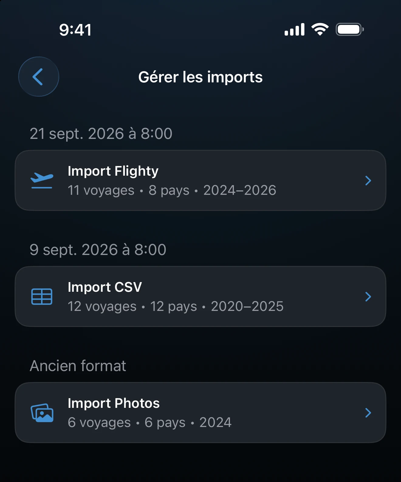 Écran Gérer les imports listant chaque import avec son nombre de voyages et de pays