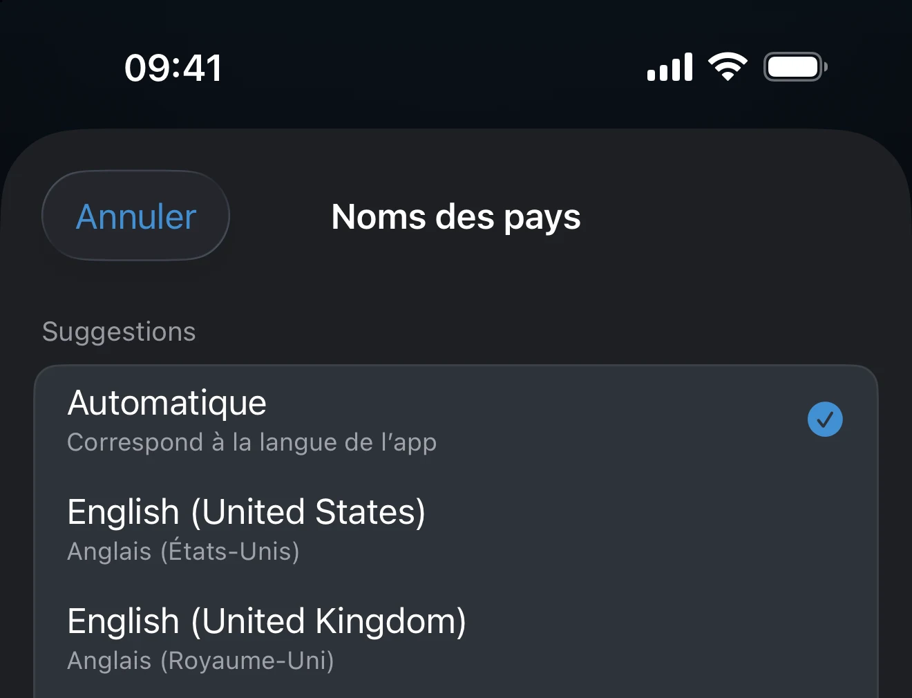 Sélecteur de langue Noms des pays