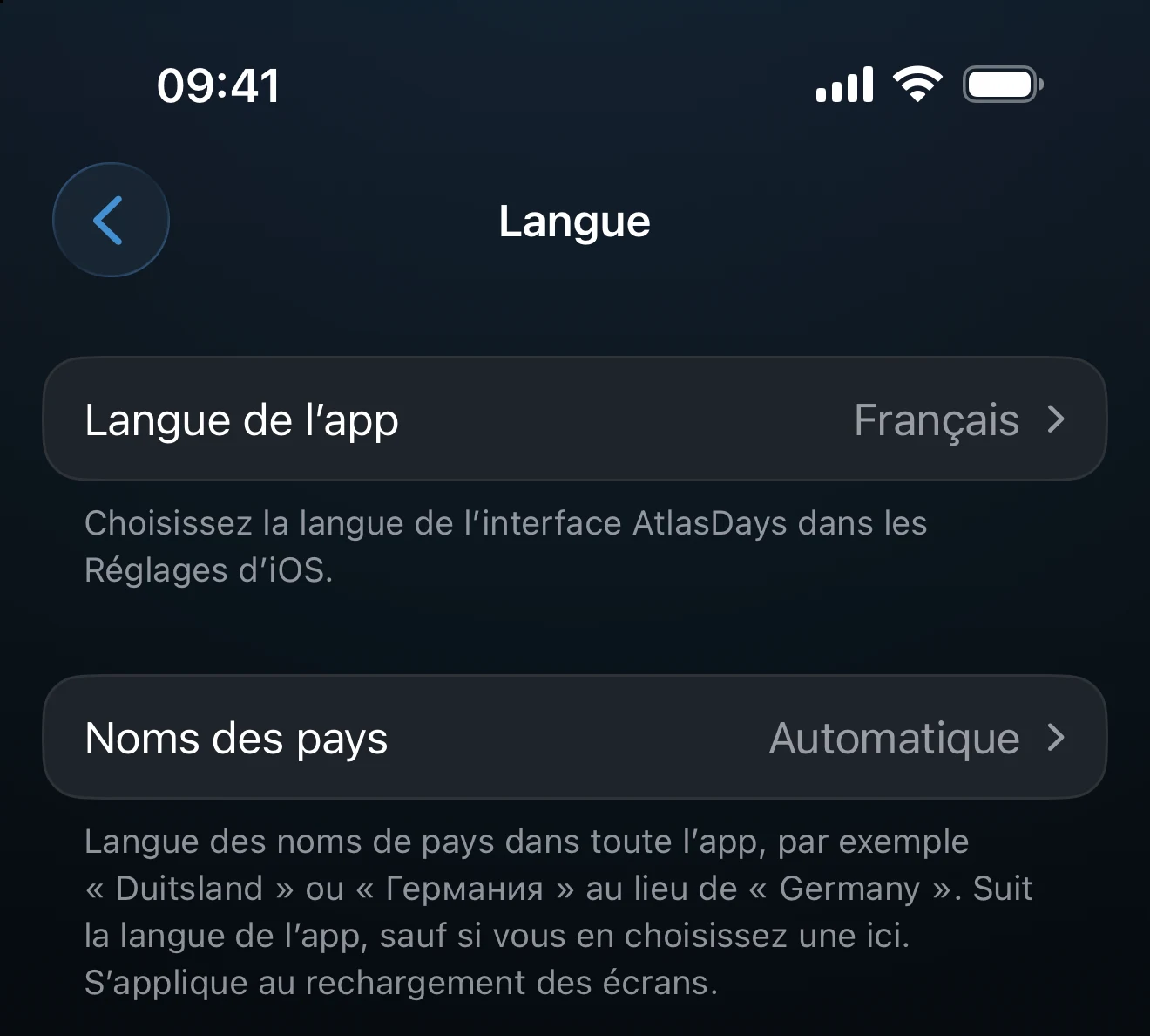 Réglages de langue avec les choix pour l’interface et les noms de pays